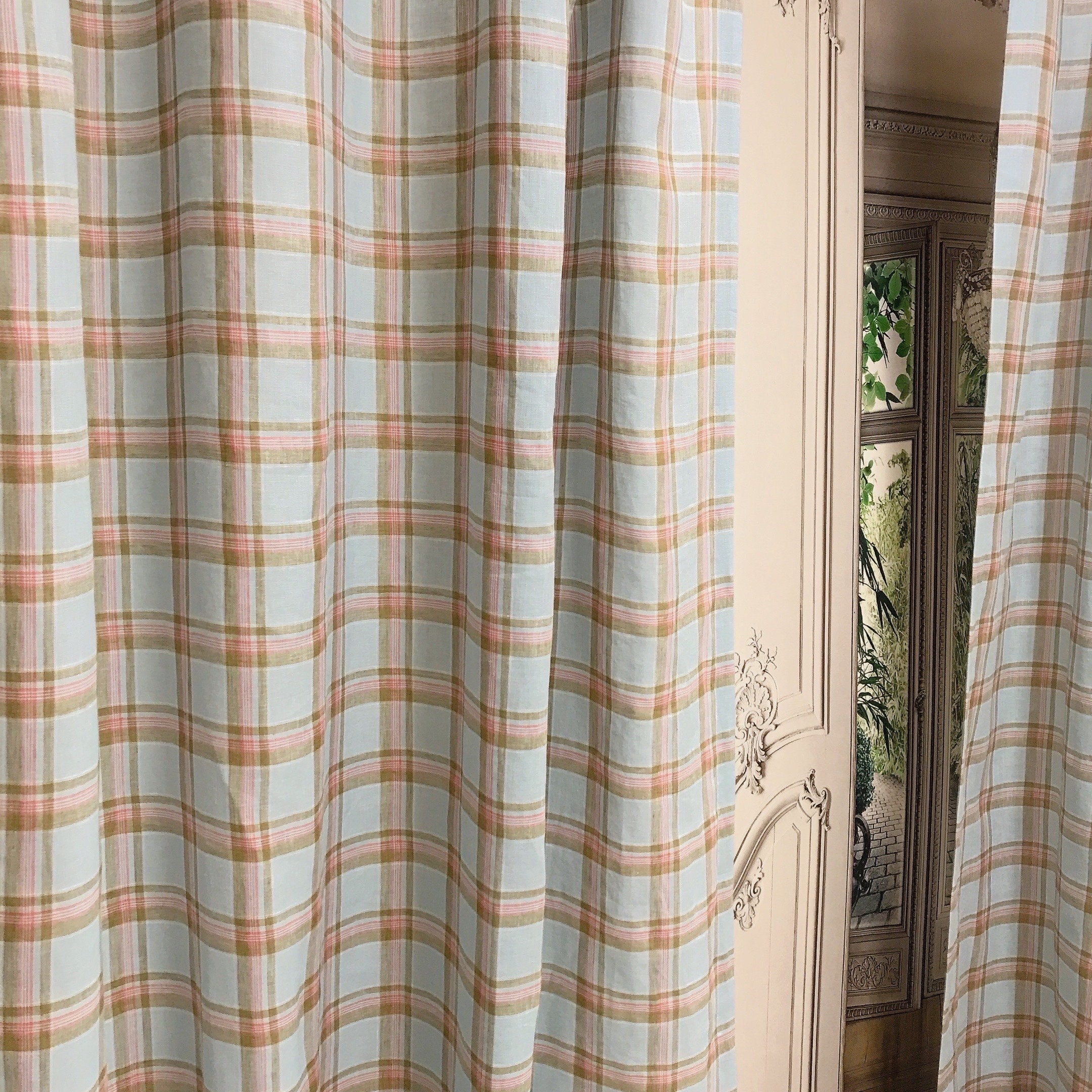 Khaki and Light Blue Linen Curtain