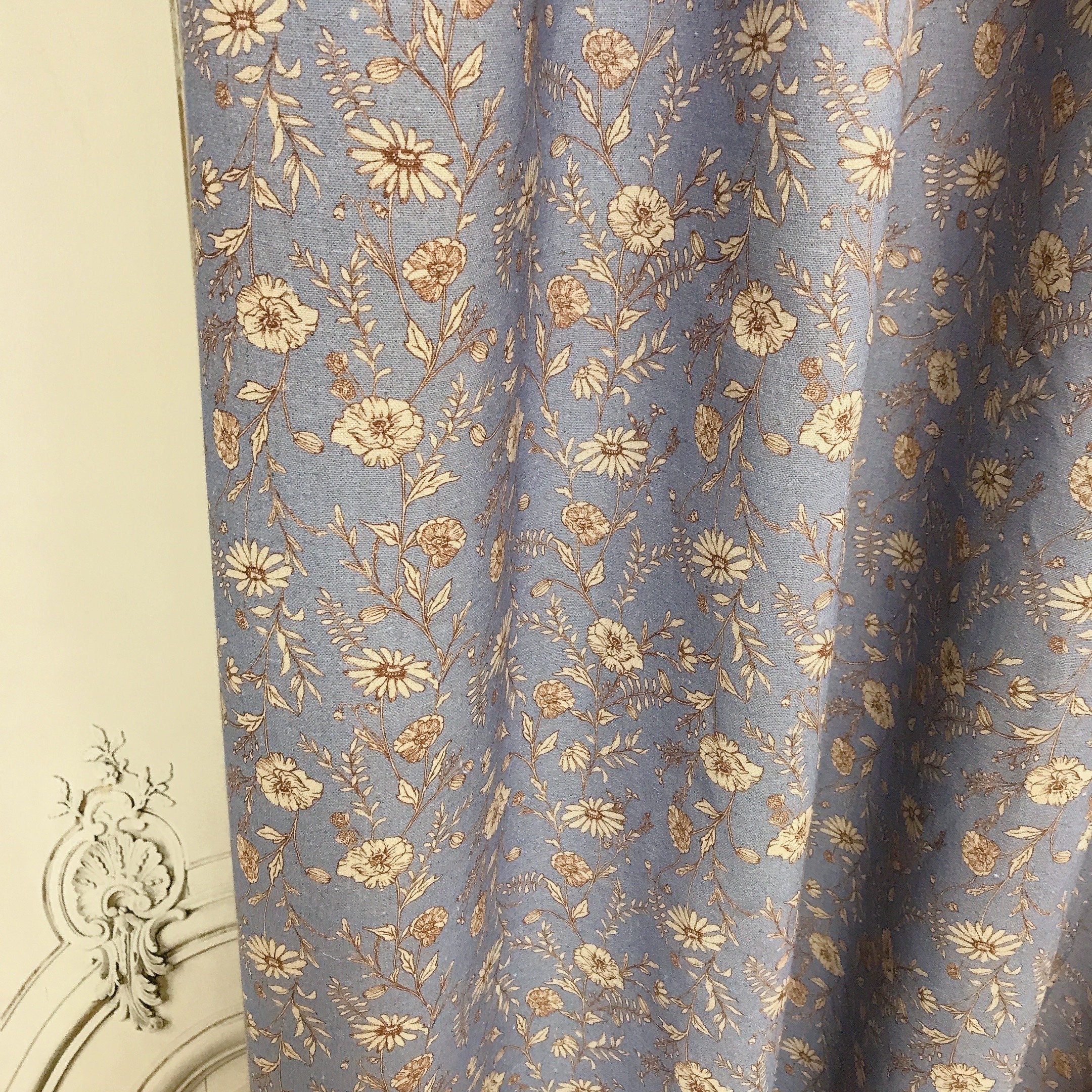 Natural Beige Floral Curtain on Blue Grey