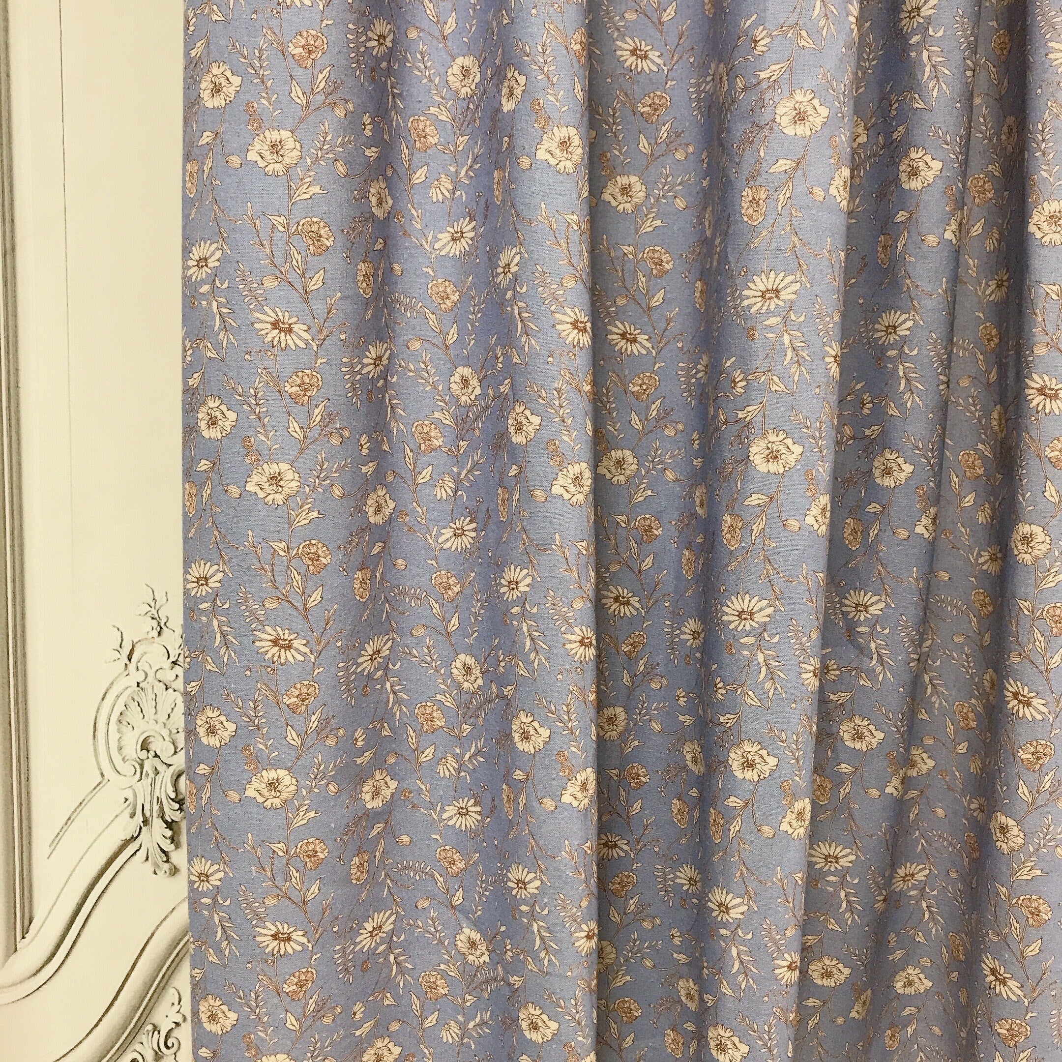 Natural Beige Floral Curtain on Blue Grey