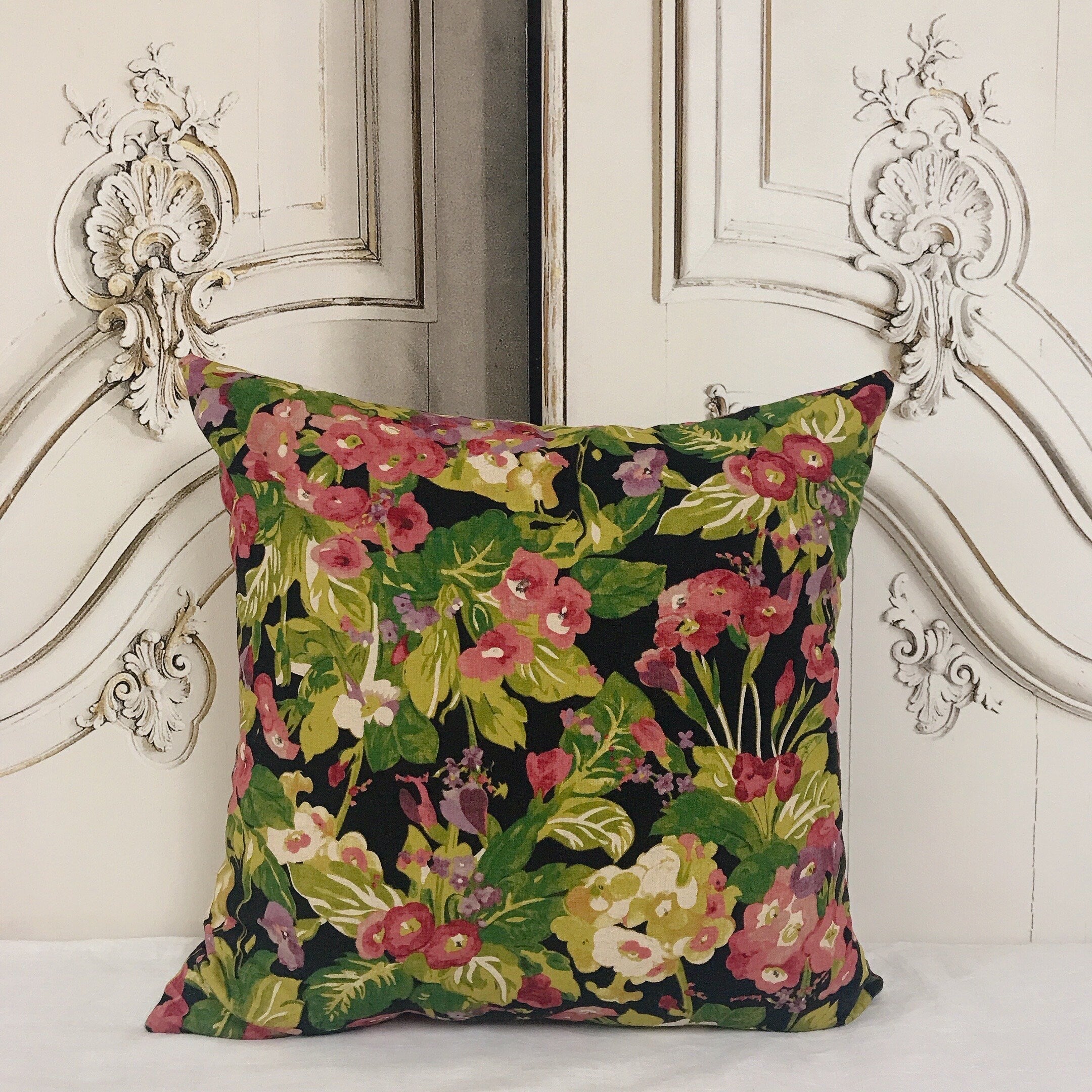 Red Pink and Purple Floral Cushion Cover on Black