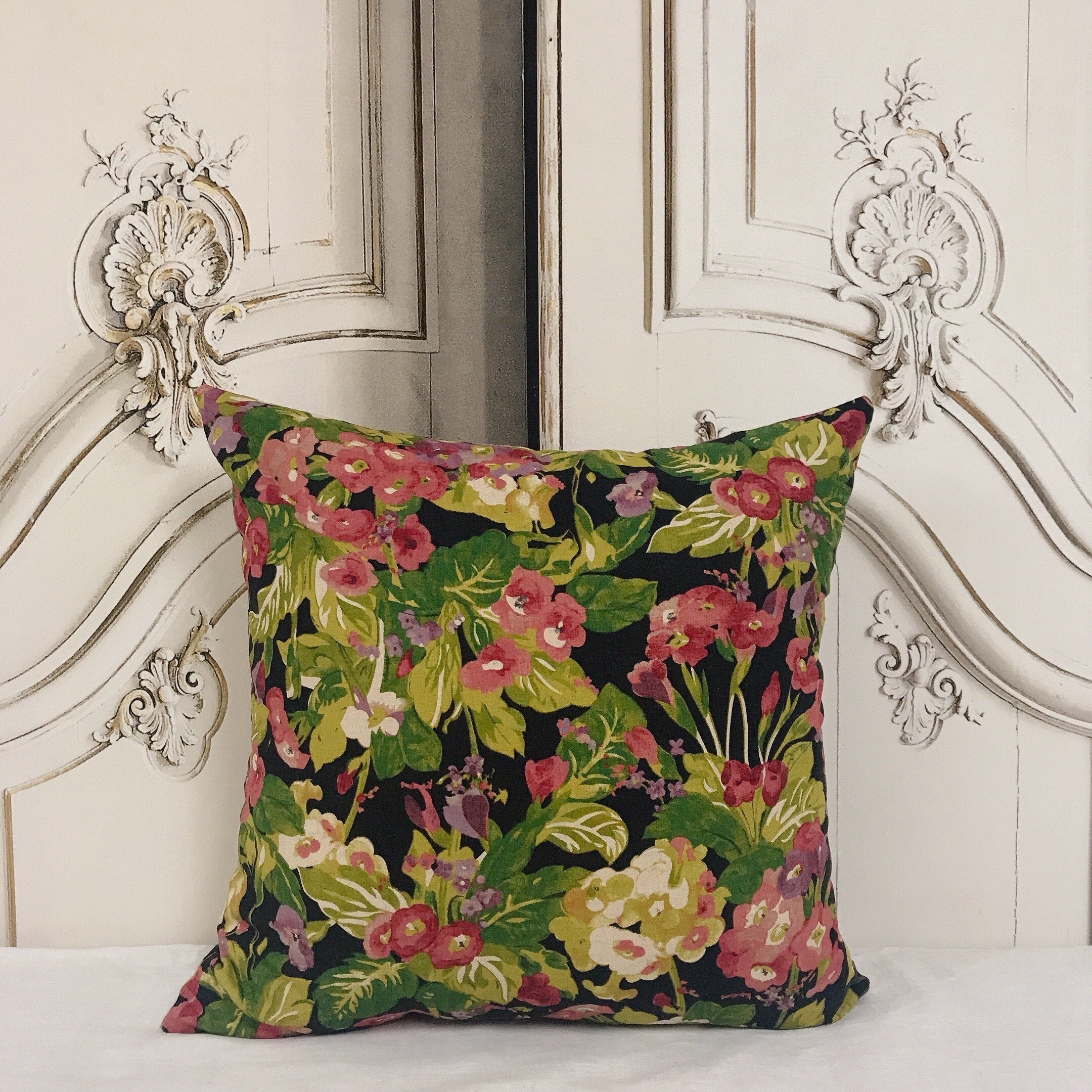 Red Pink and Purple Floral Cushion Cover on Black