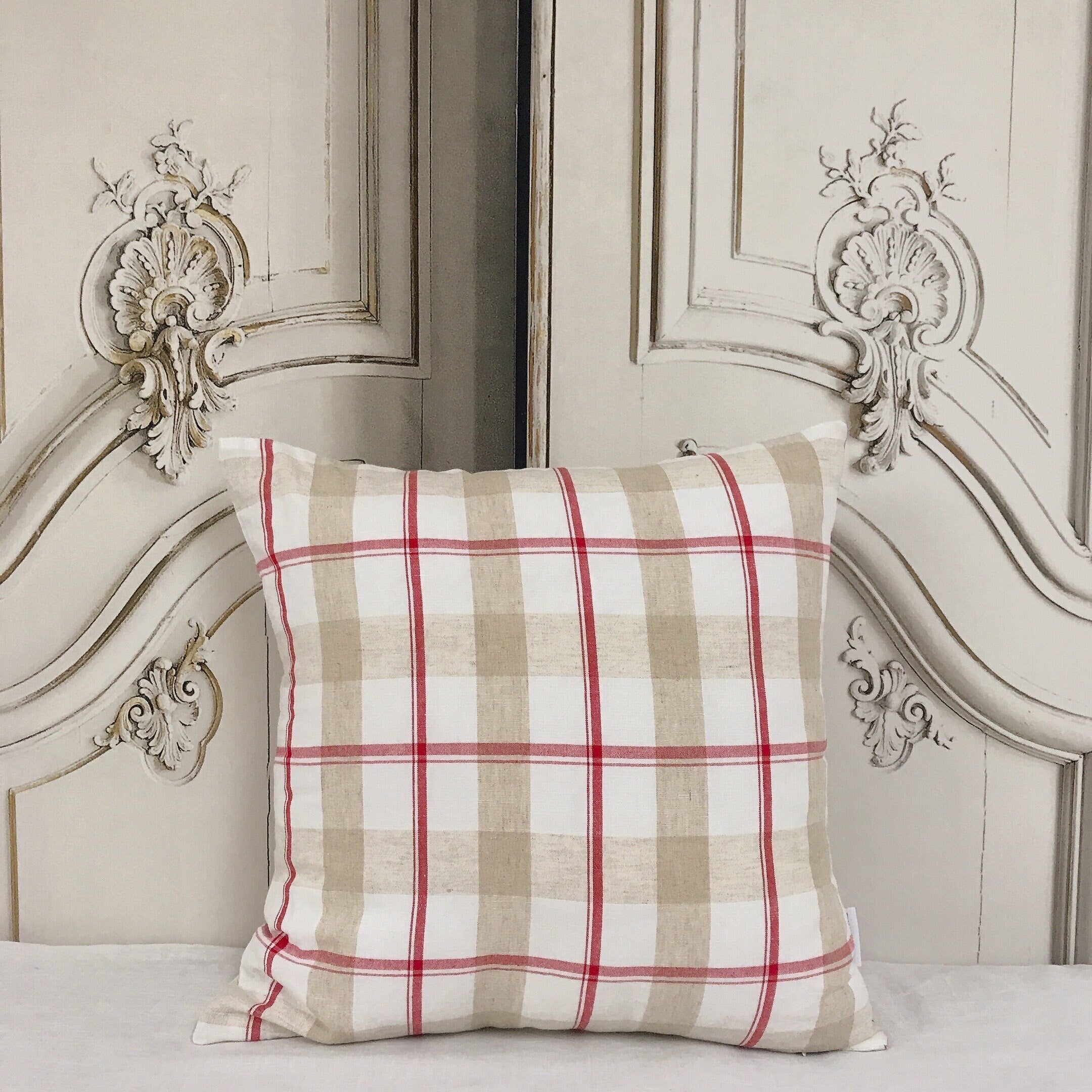 Red and Beige Plaid Cushion Cover on Ivory