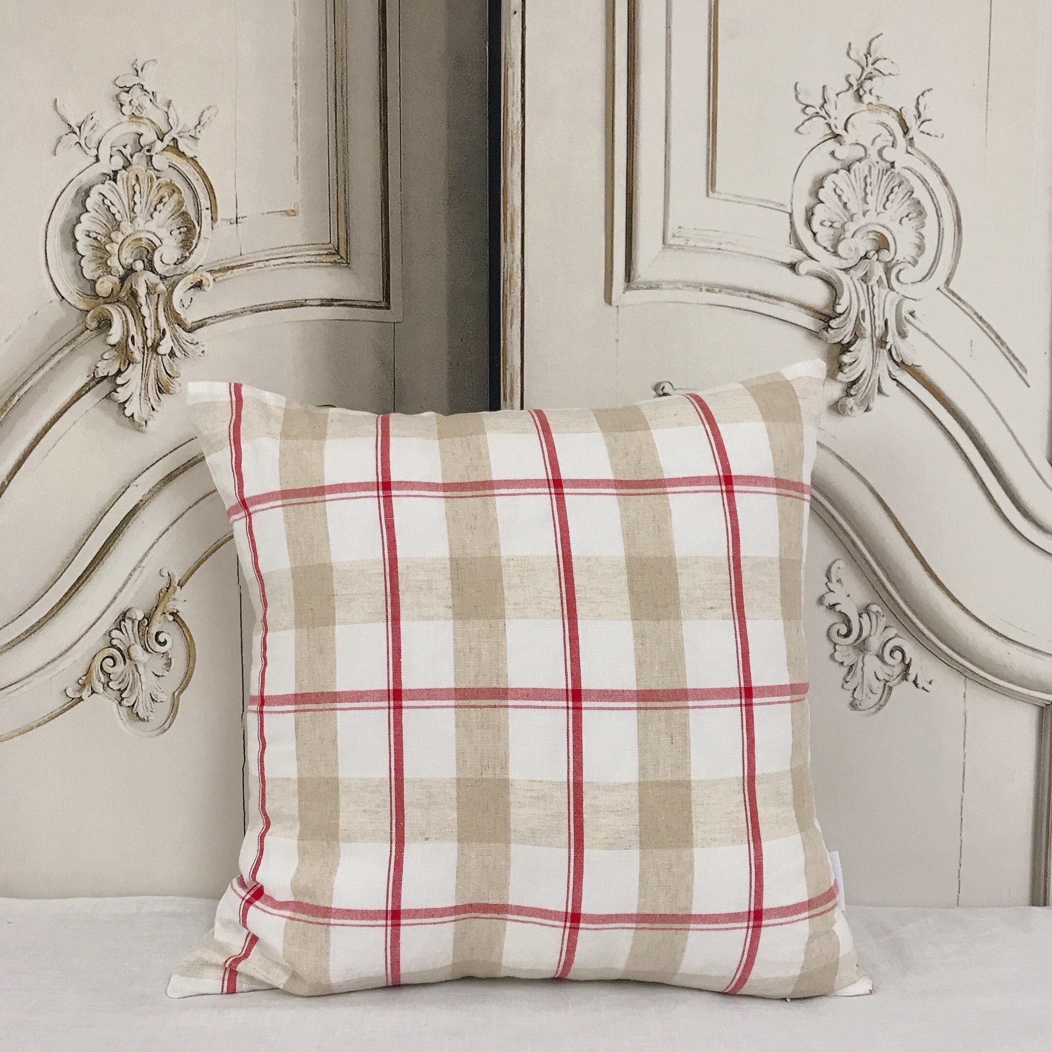 Red and Beige Plaid Cushion Cover on Ivory