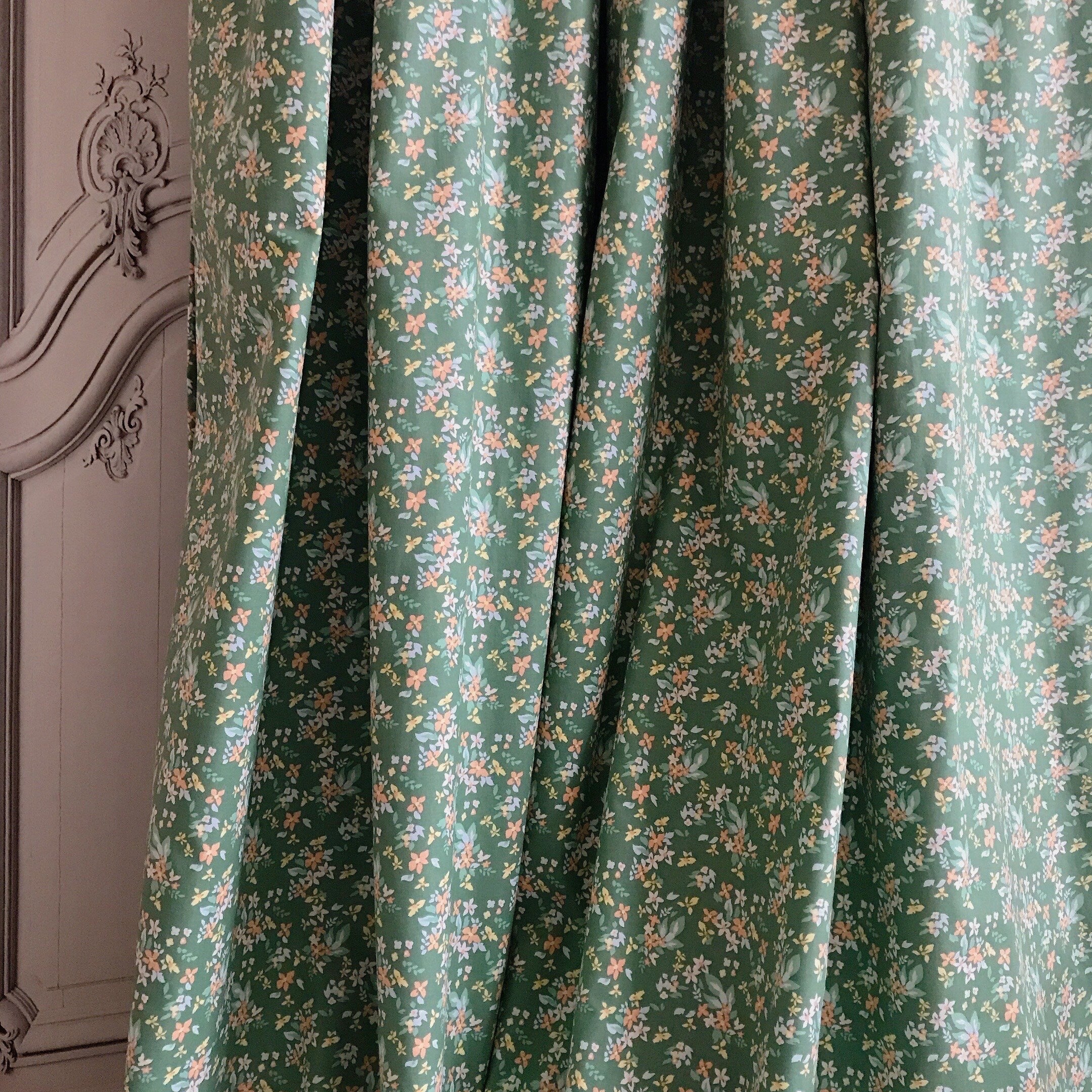 Peach and Yellow Micro Floral Curtain on Light Olive