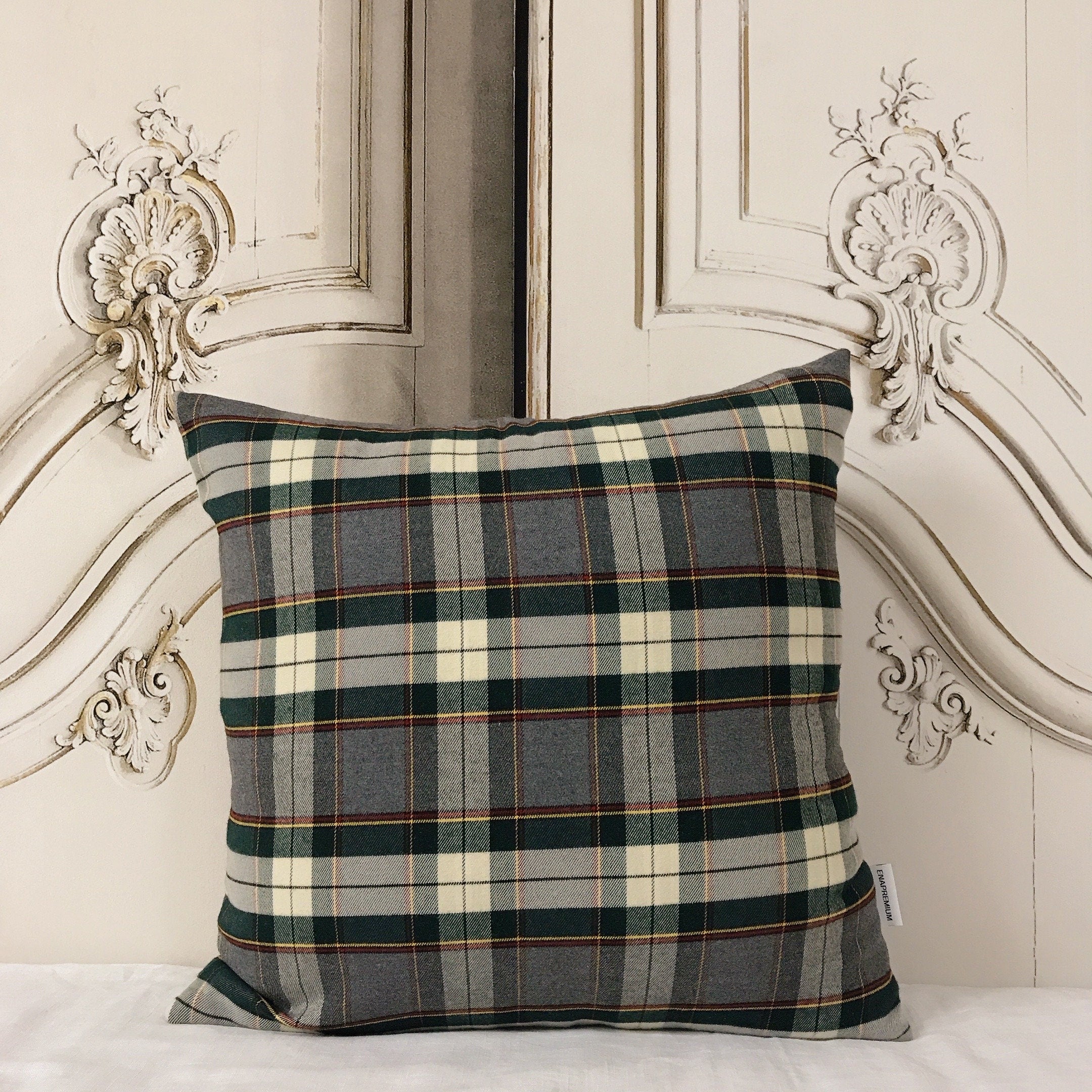 Grey and Dark Green Tartan Cushion Cover