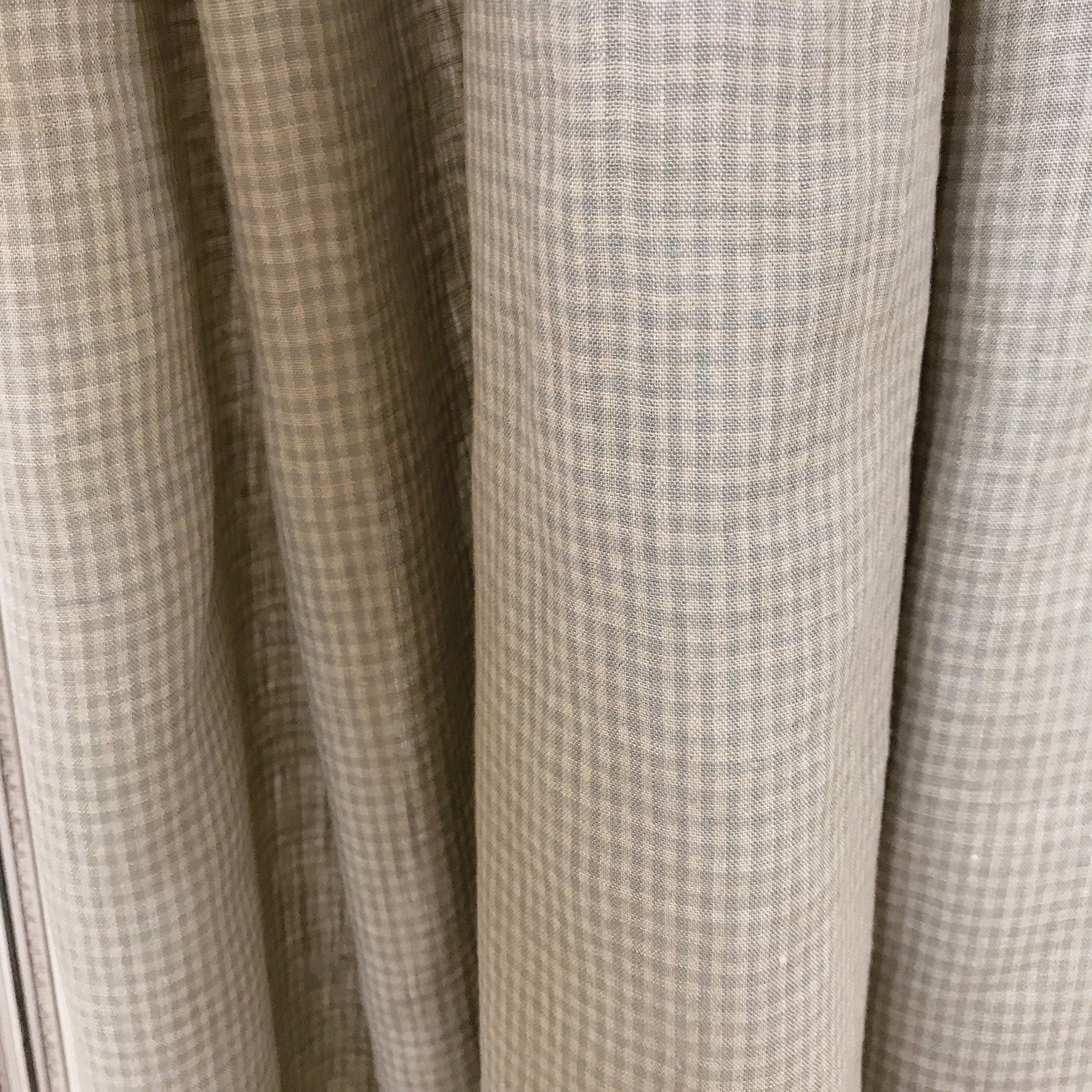 Light Mint Grey and Natural Beige Mini Plaid Linen Curtain