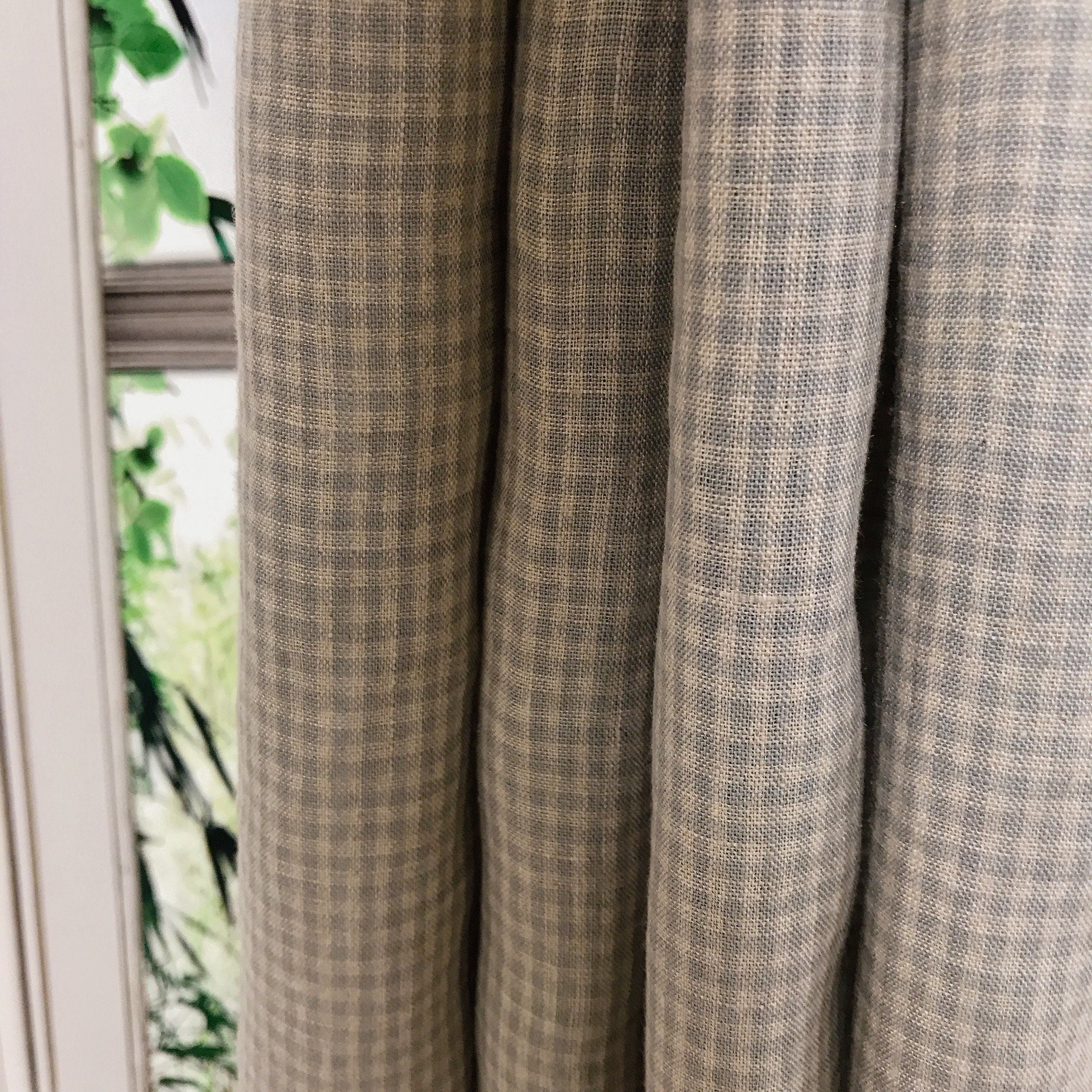 Light Mint Grey and Natural Beige Mini Plaid Linen Curtain