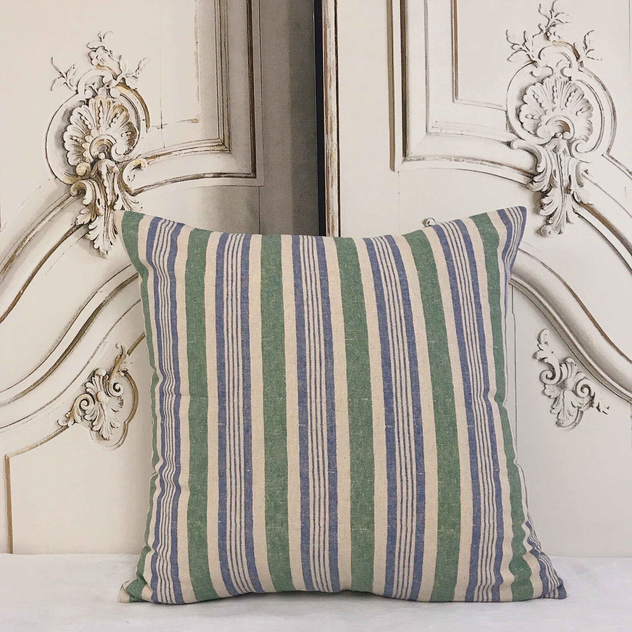 Dusty Forest Green and Blue Stripe Cushion Cover on Natural Beige