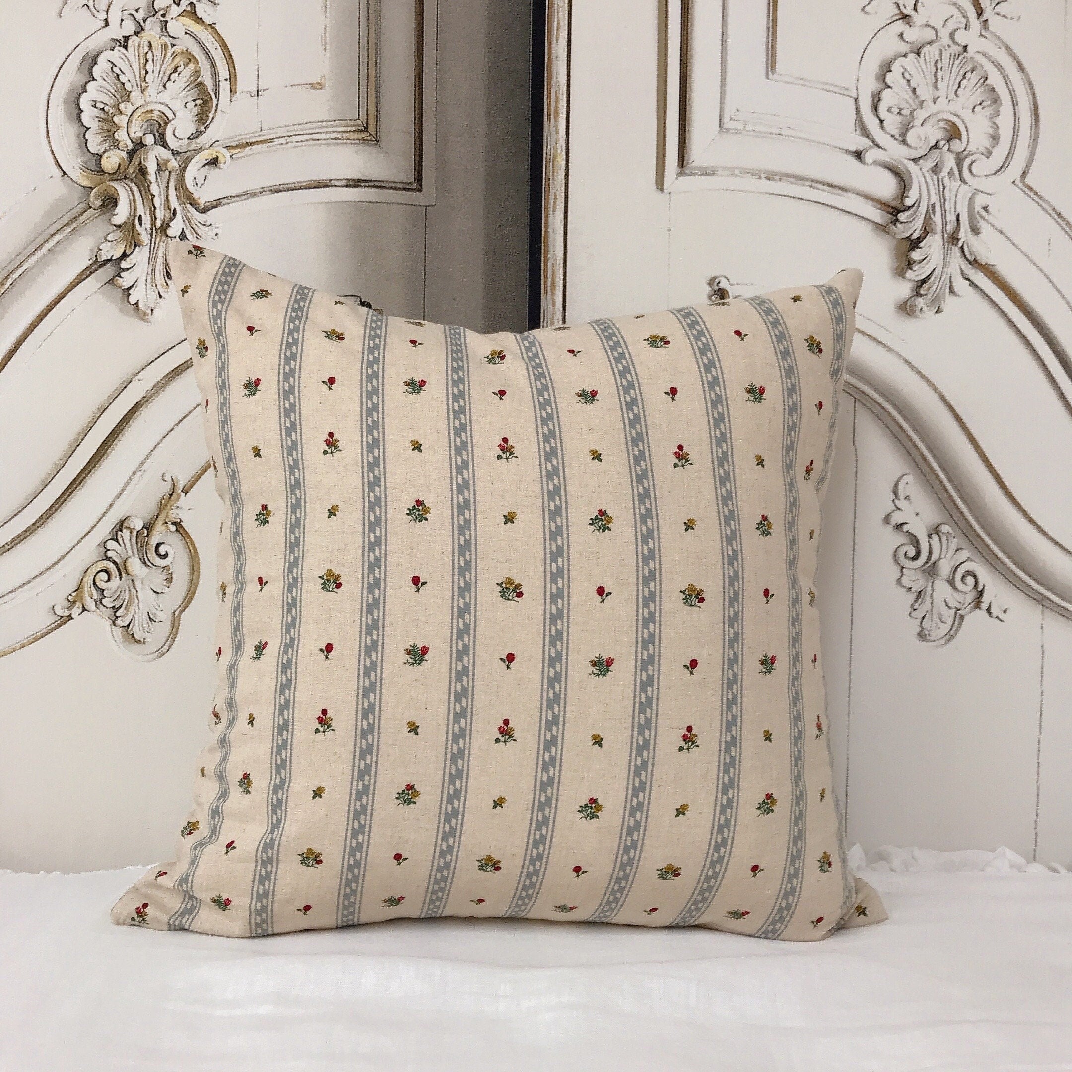 Grey Blue Stripe and Tiny Floral Cushion Cover on Natural Beige