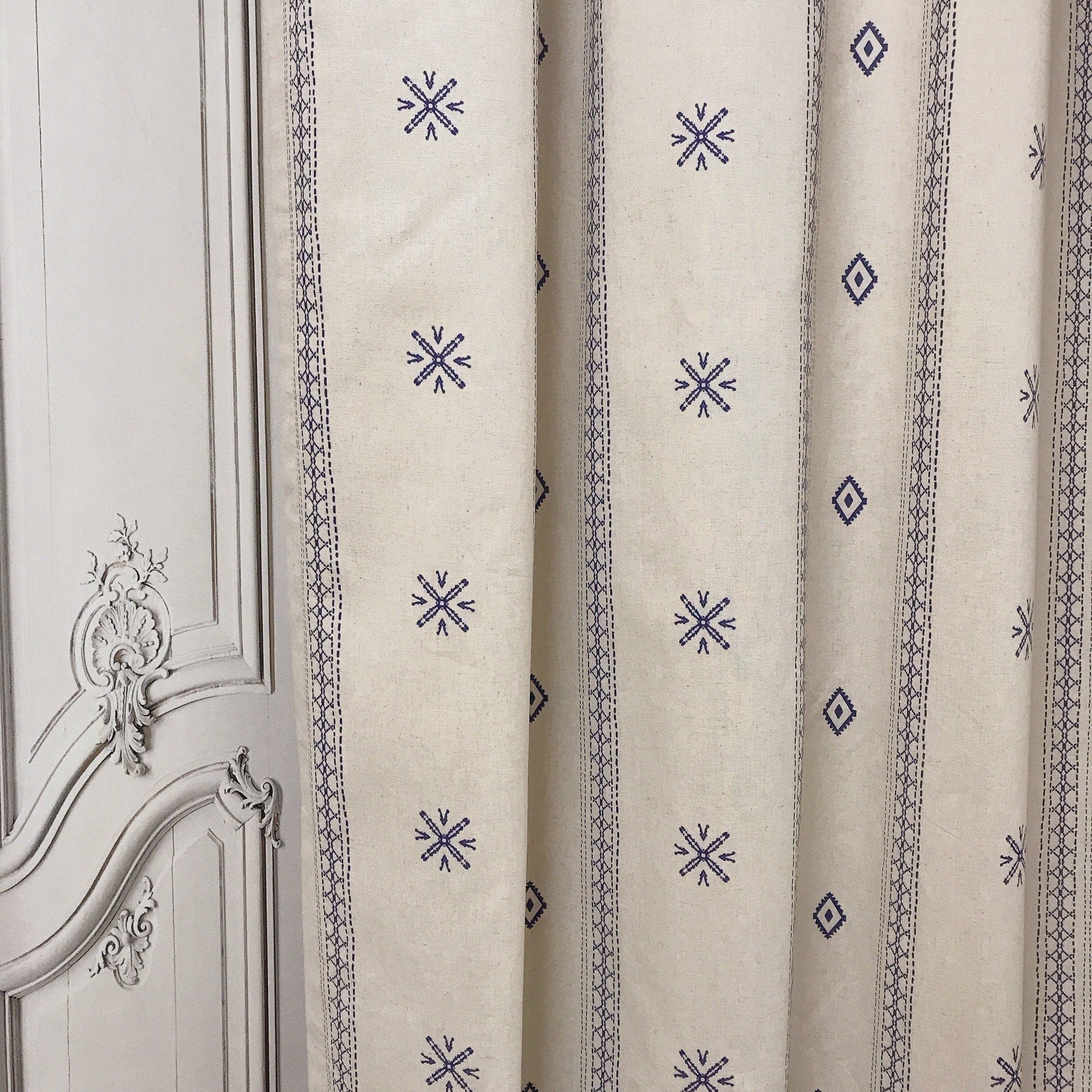 Indigo Blue Shapes Curtain on Natural Beige