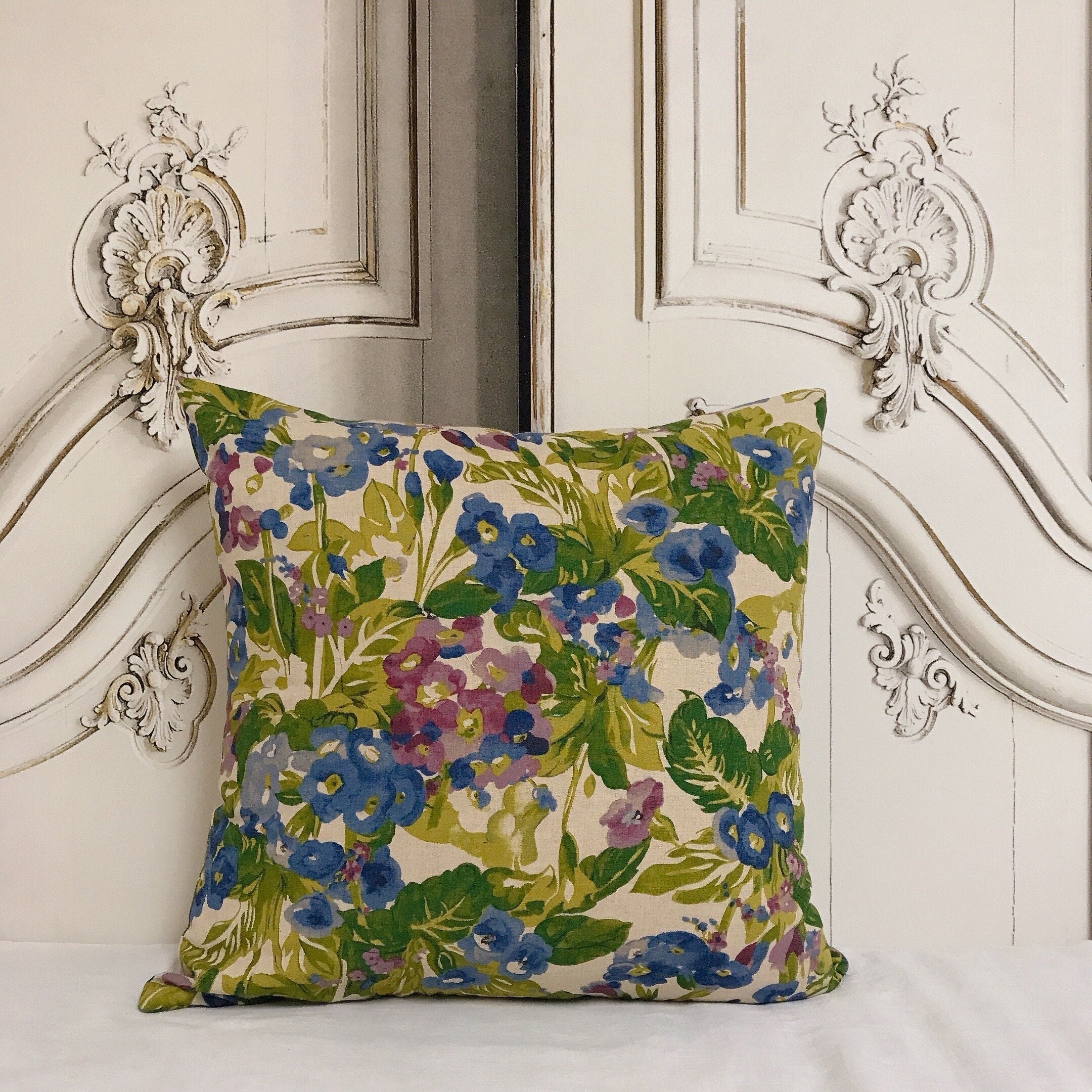 Blue and Purple Floral Cushion Cover on Natural Beige