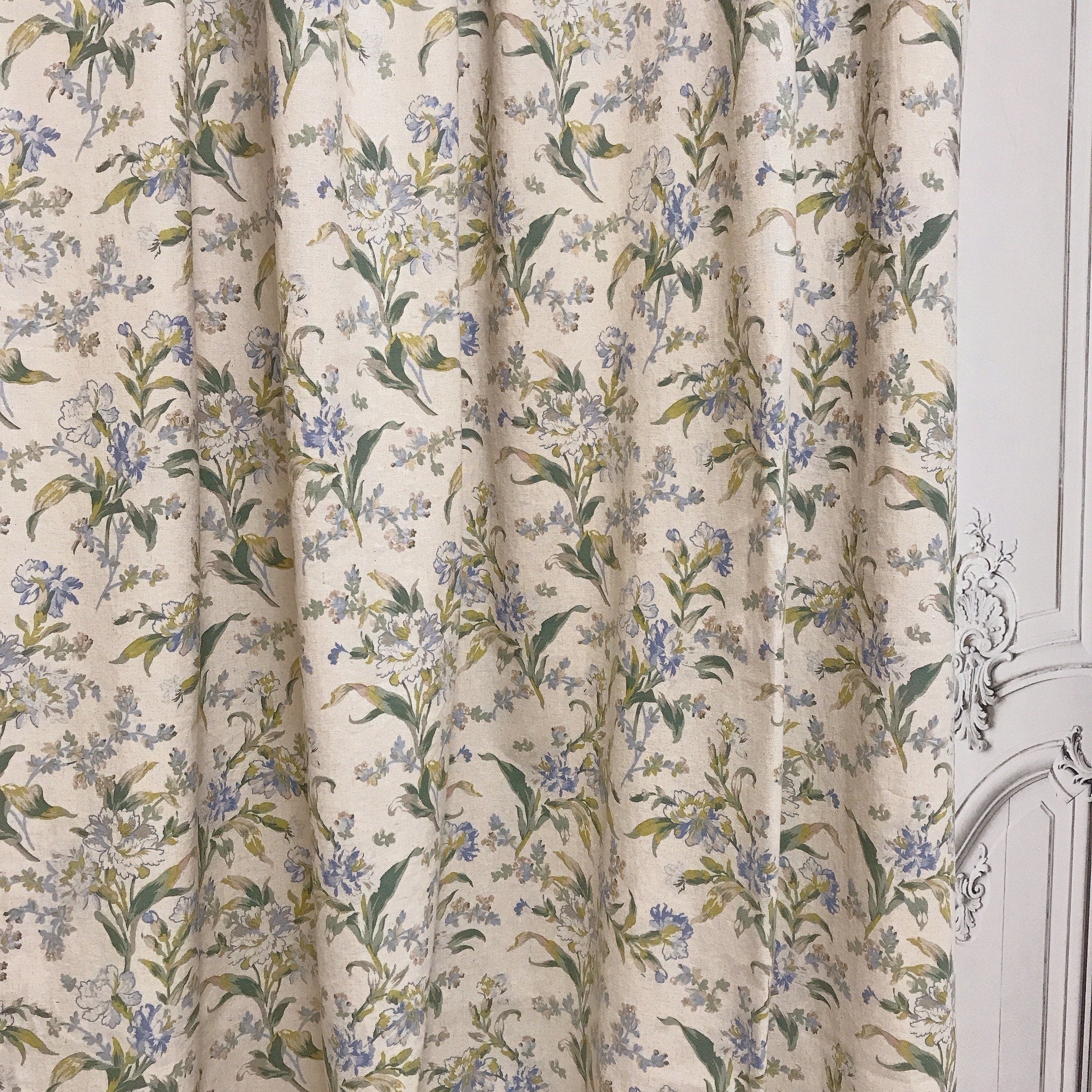 Blue and Green Floral Curtain on Natural Beige