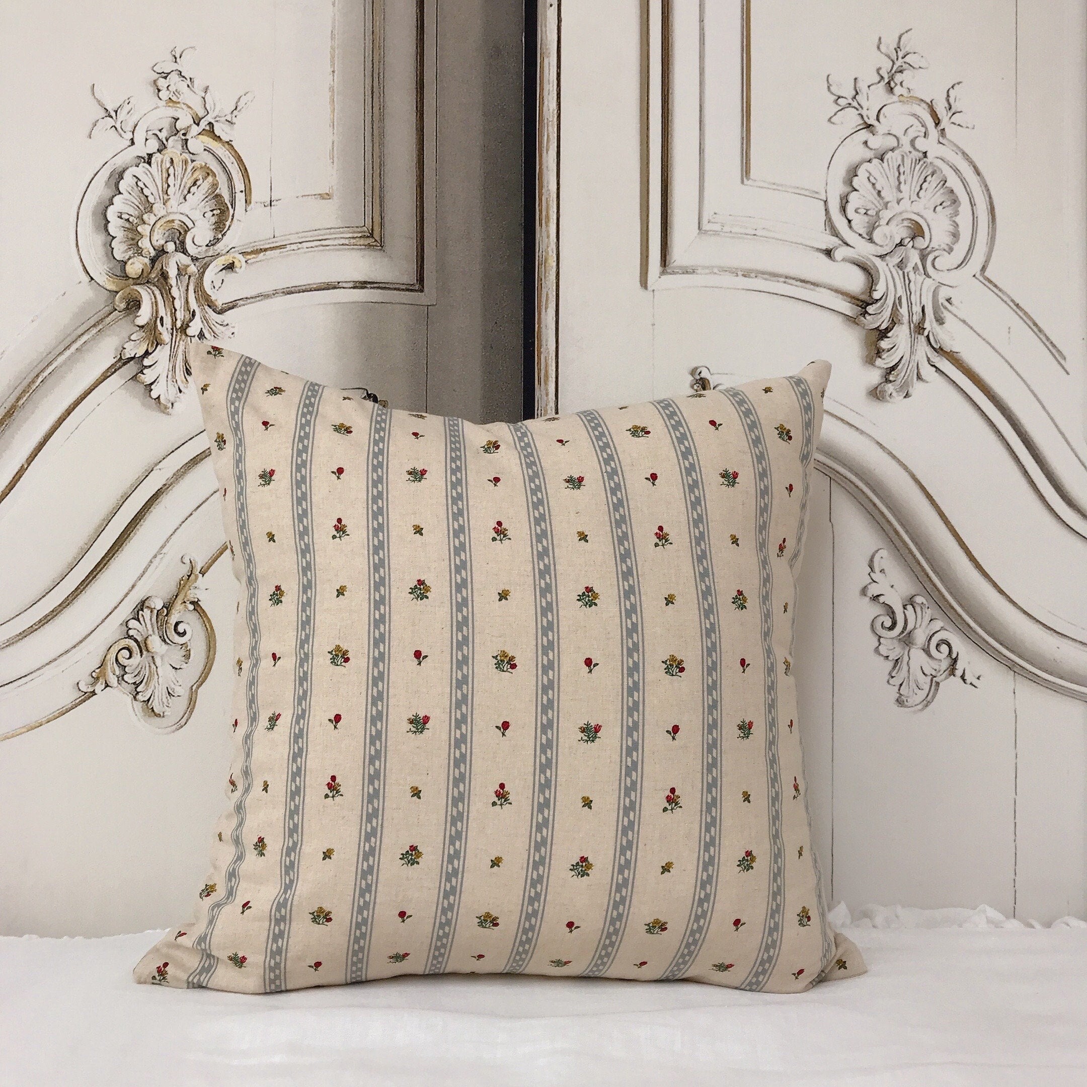 Grey Blue Stripe and Tiny Floral Cushion Cover on Natural Beige