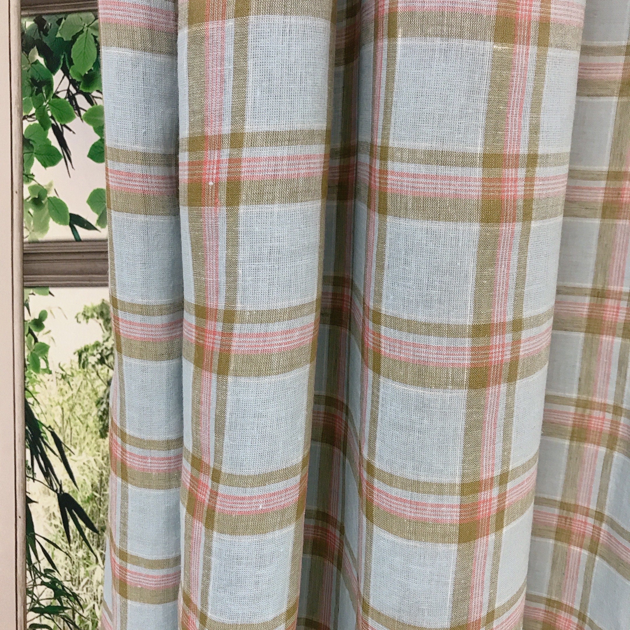 Khaki and Light Blue Linen Curtain