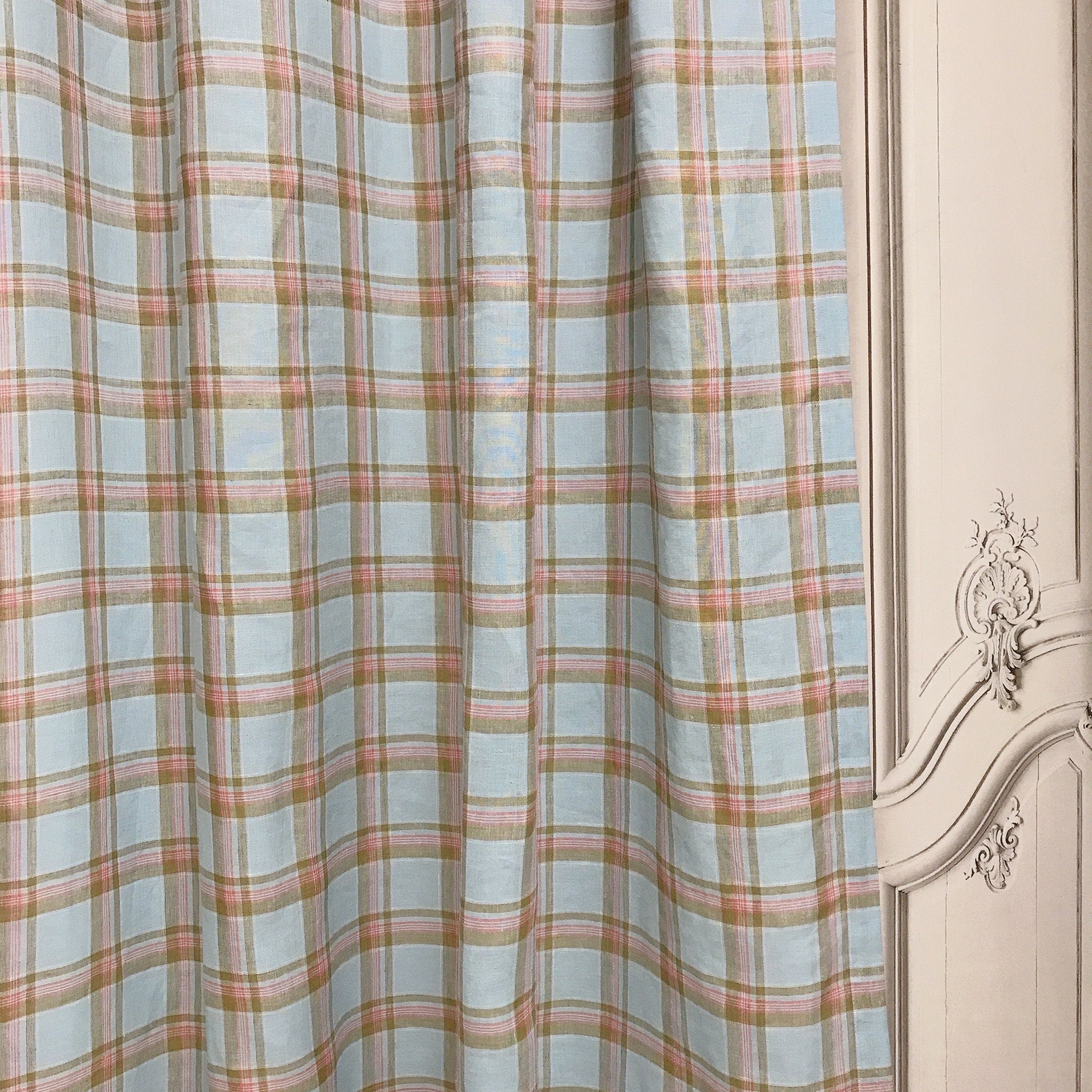 Khaki and Light Blue Linen Curtain