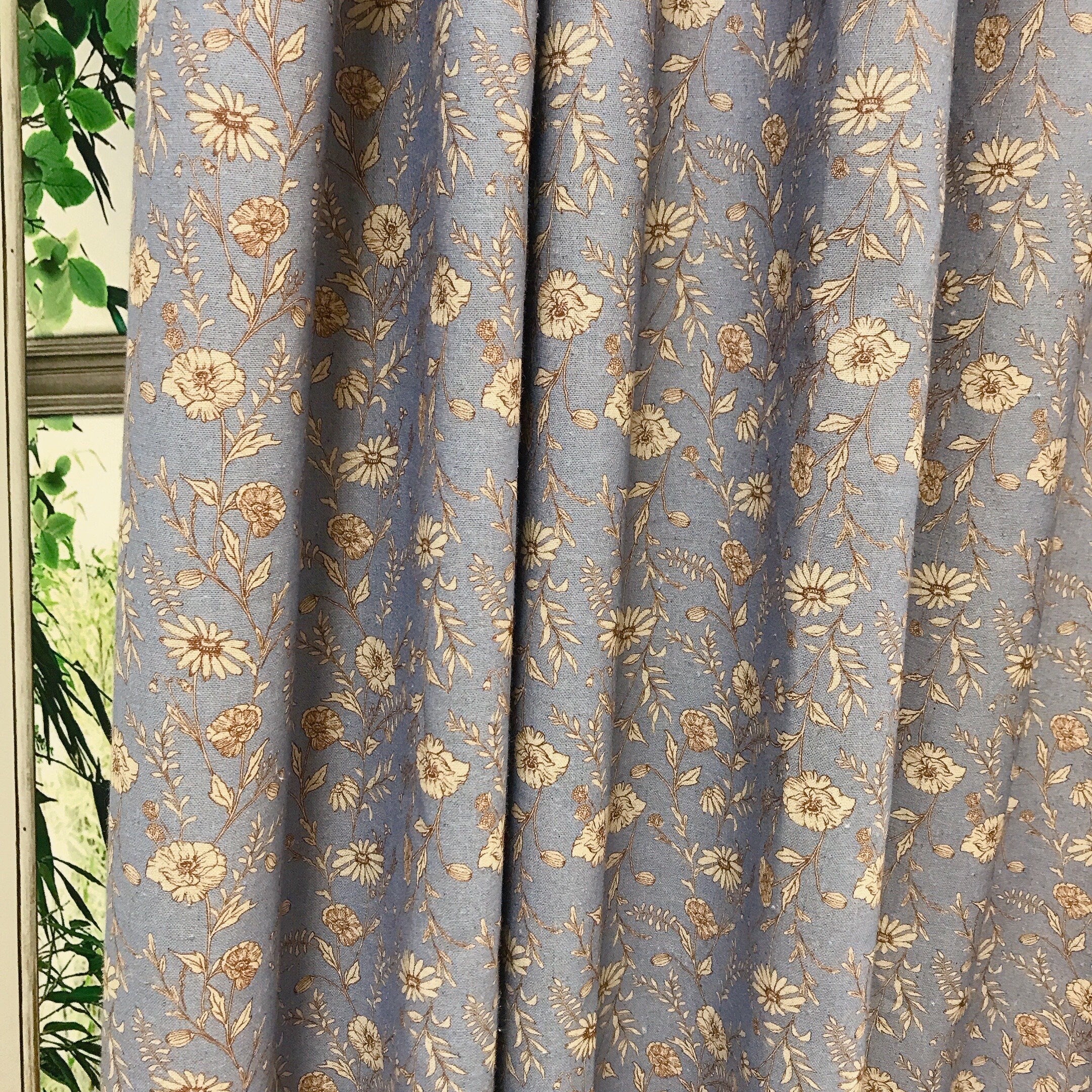 Natural Beige Floral Curtain on Blue Grey