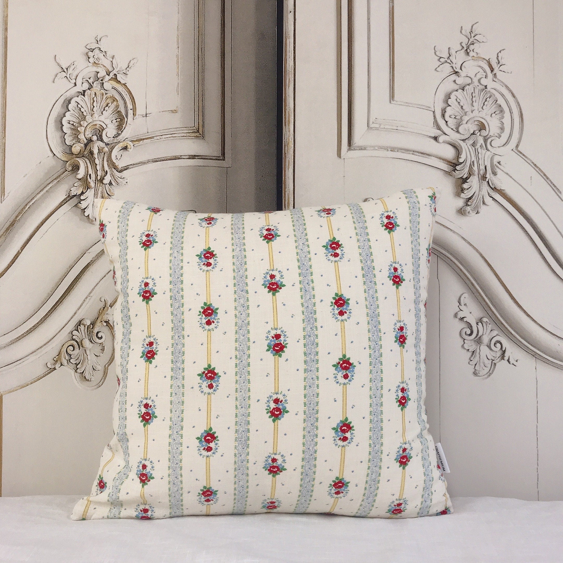 Red Floral Yellow Vertical Stripes Pillow Cover on Light Natural Beige