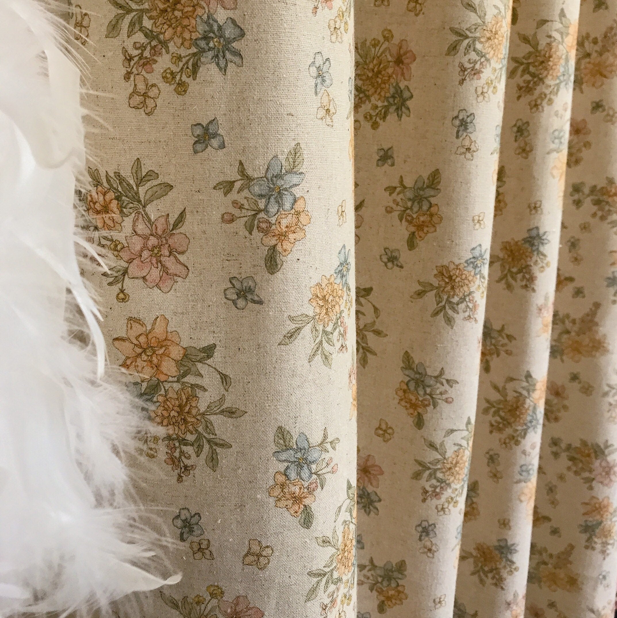 Pale Orange and Light Pink Floral Curtain on Natural Beige