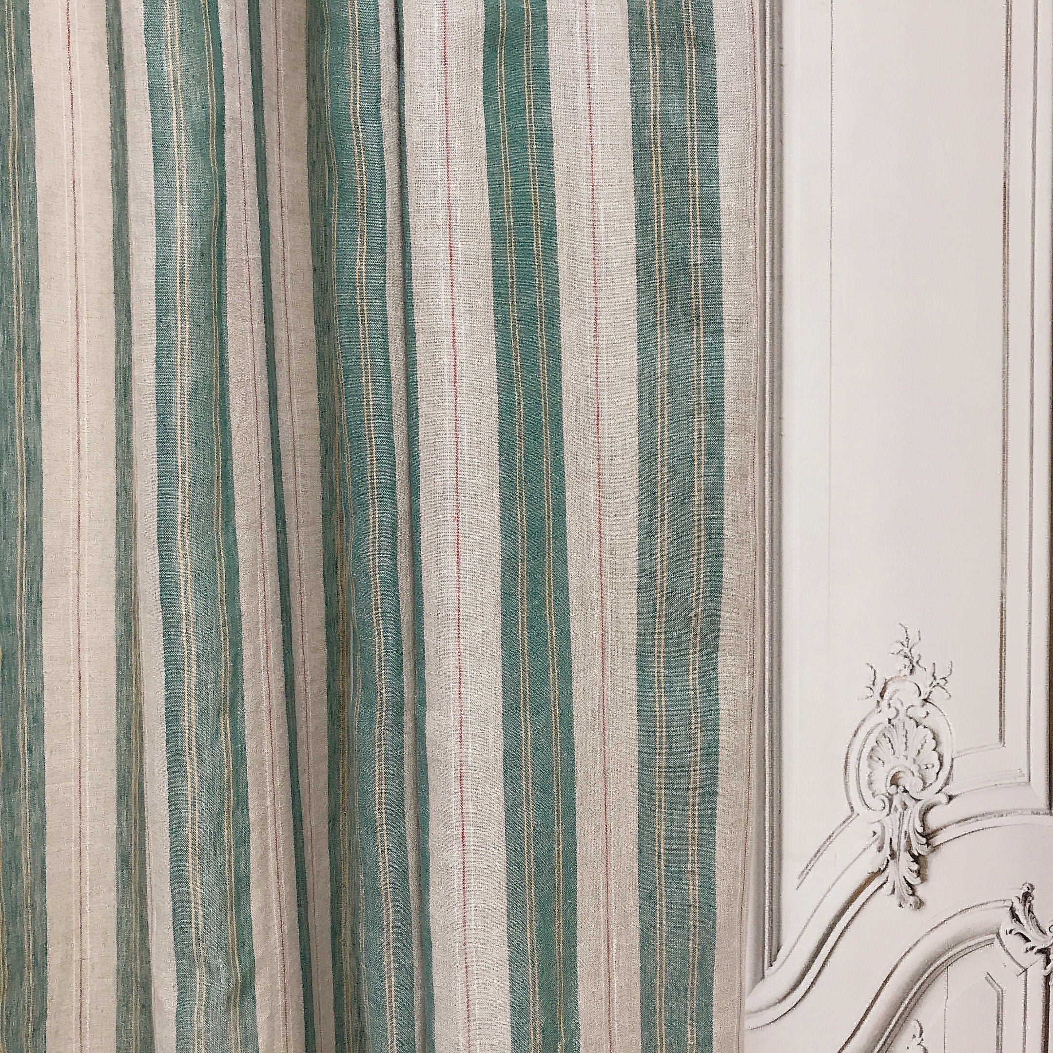 Teal Green and Red Vertical Stripe Linen Curtain on Natural Beige