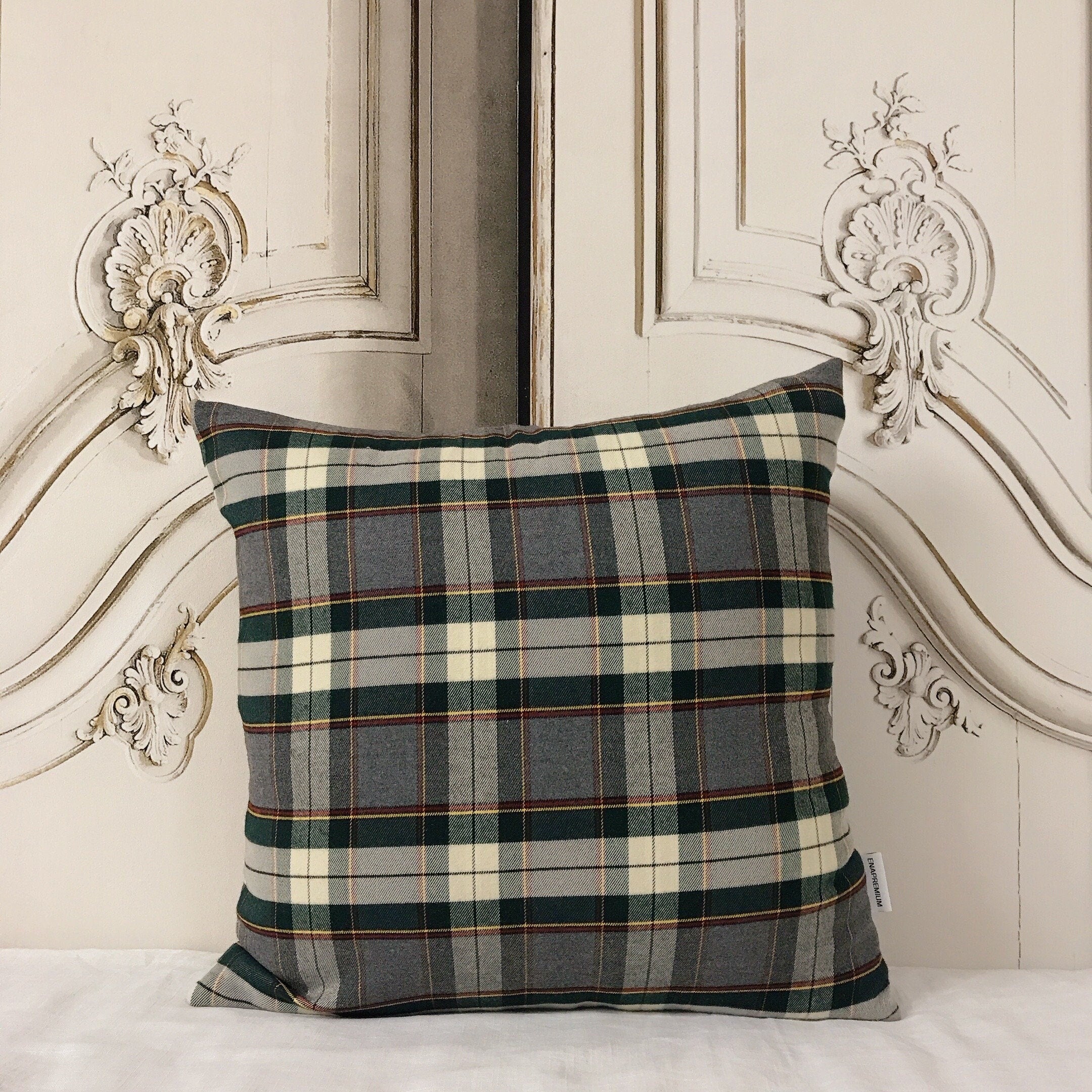 Grey and Dark Green Tartan Cushion Cover