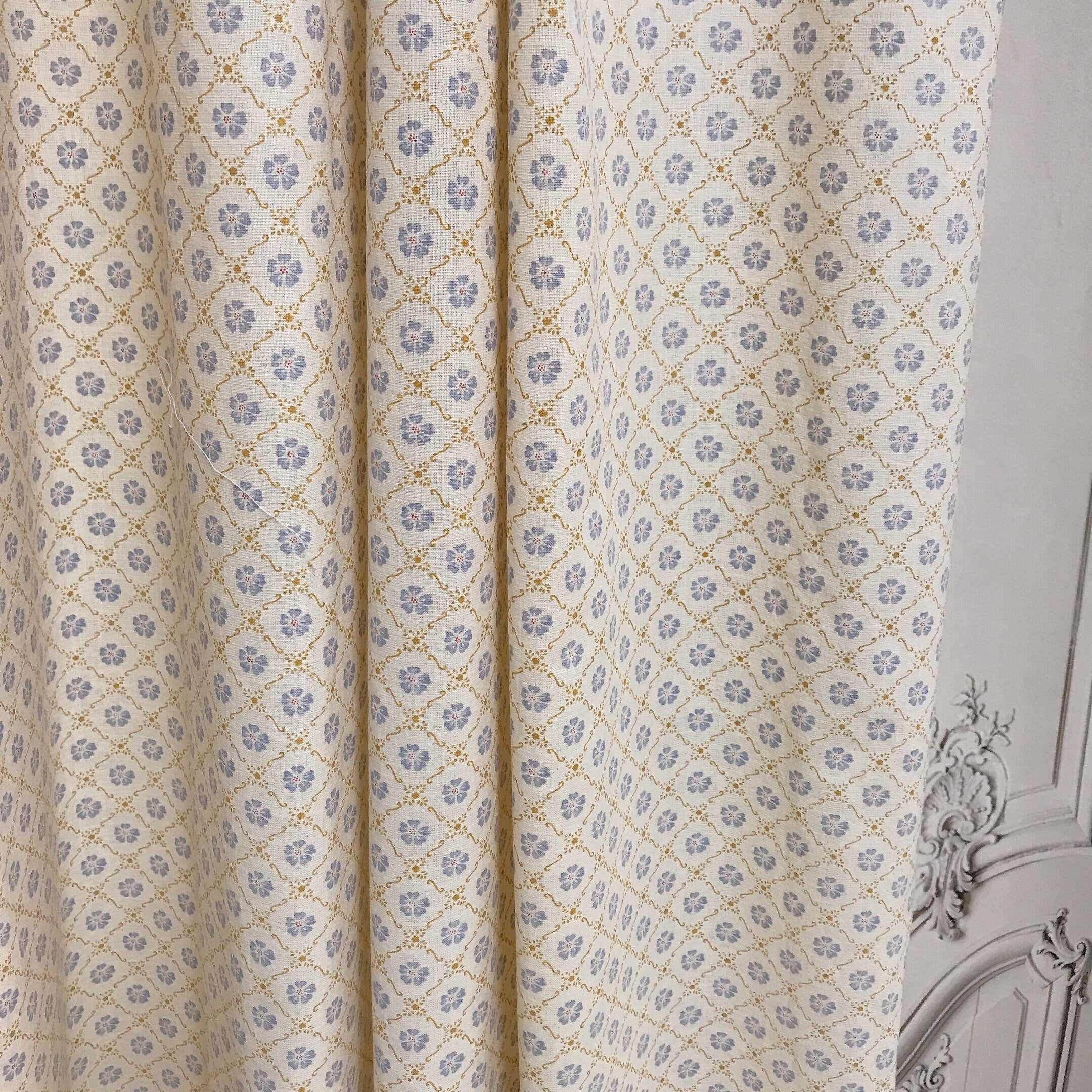 Retro Light Purple and Navy Floral Curtain on Beige Ivory