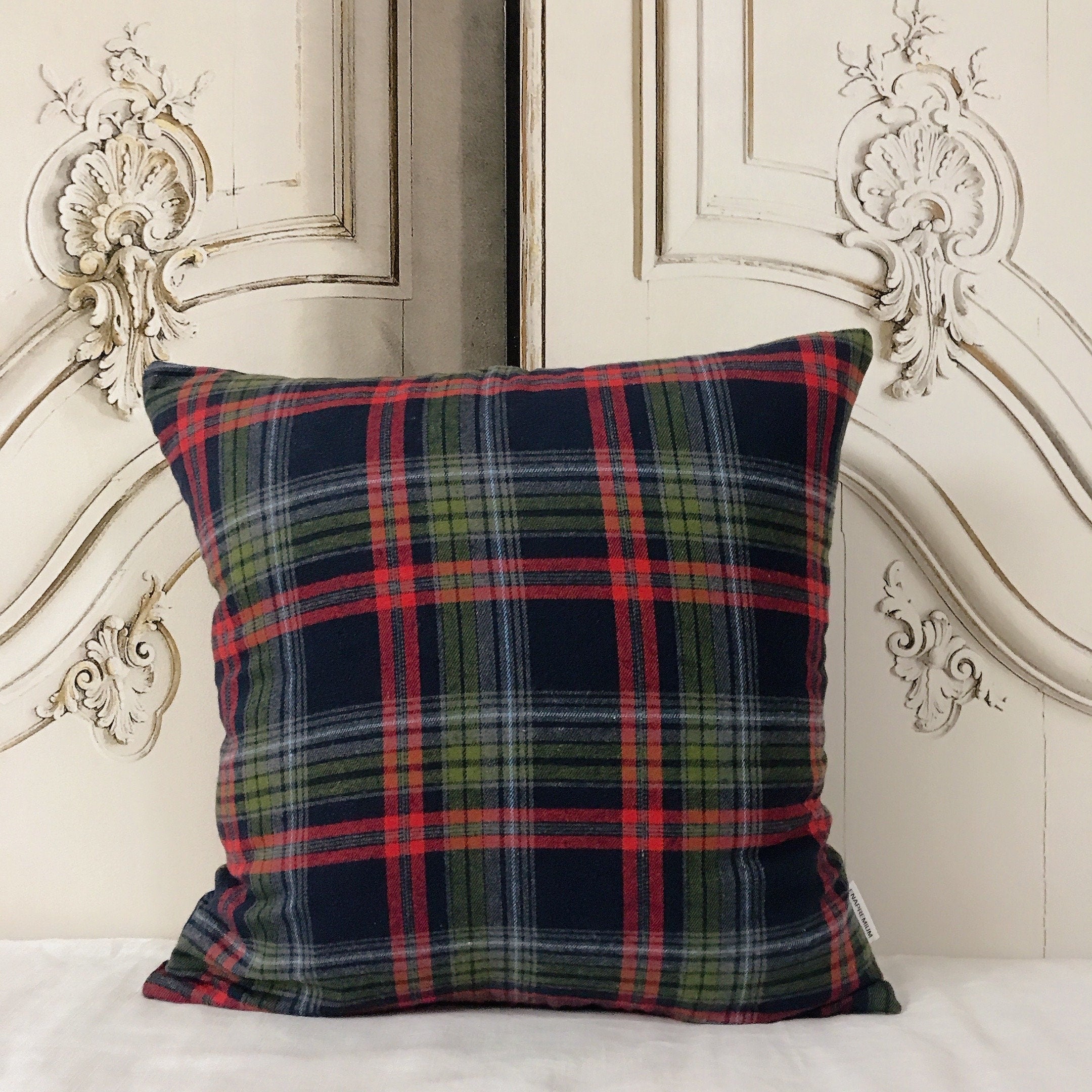 Grey and Dark Green Tartan Plaid Cushion Cover