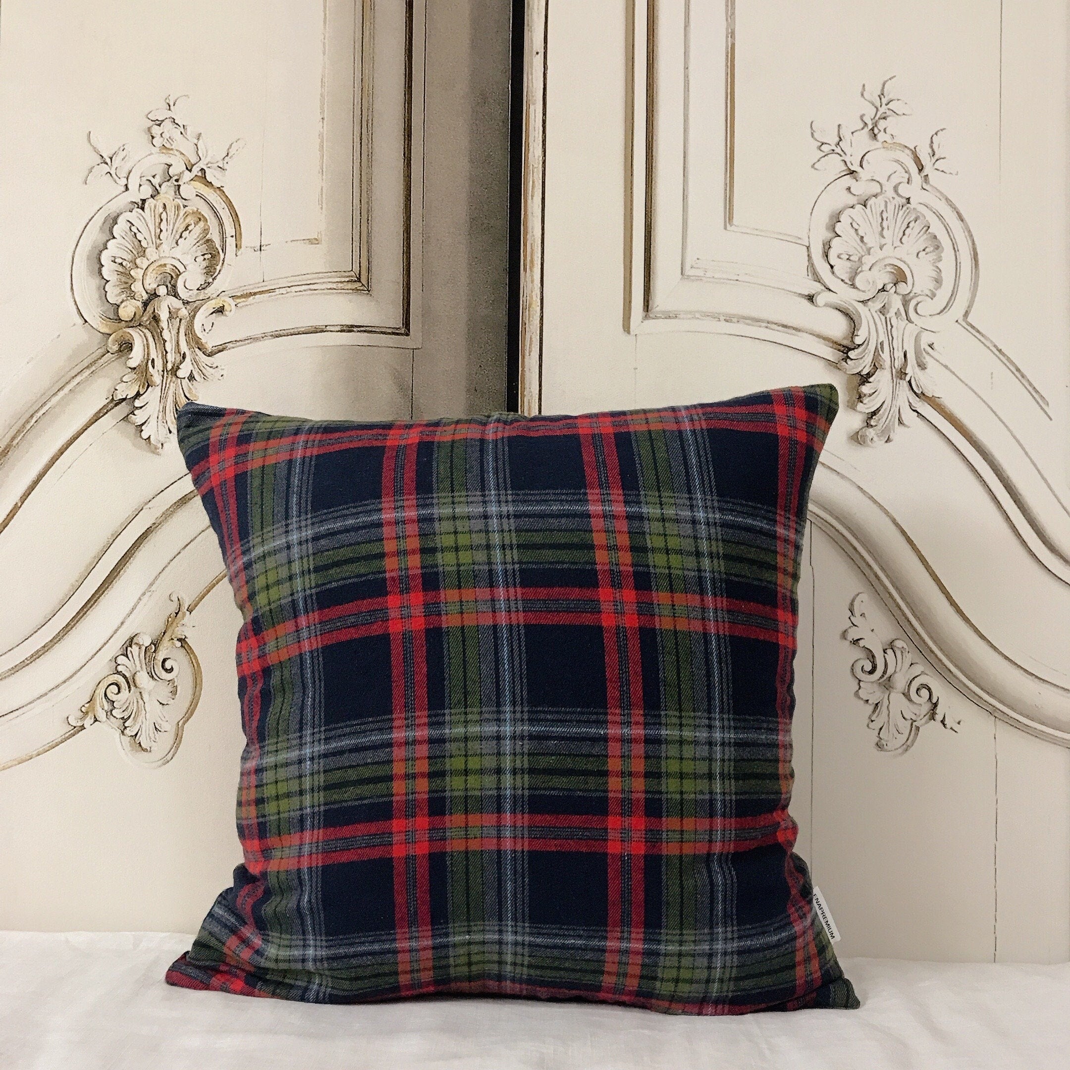 Grey and Dark Green Tartan Plaid Cushion Cover