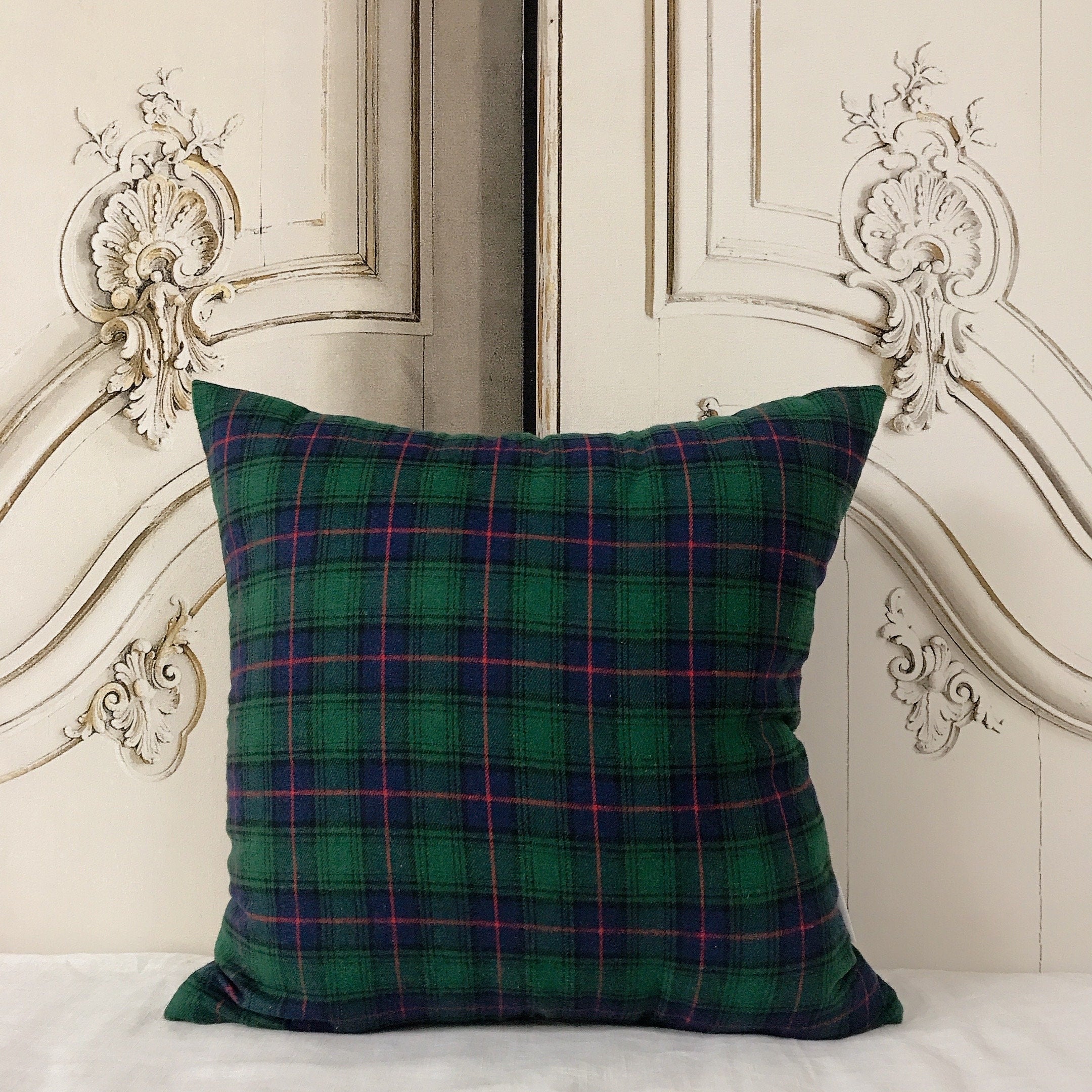 Green and Navy Tartan Plaid Cushion Cover with Red Accent