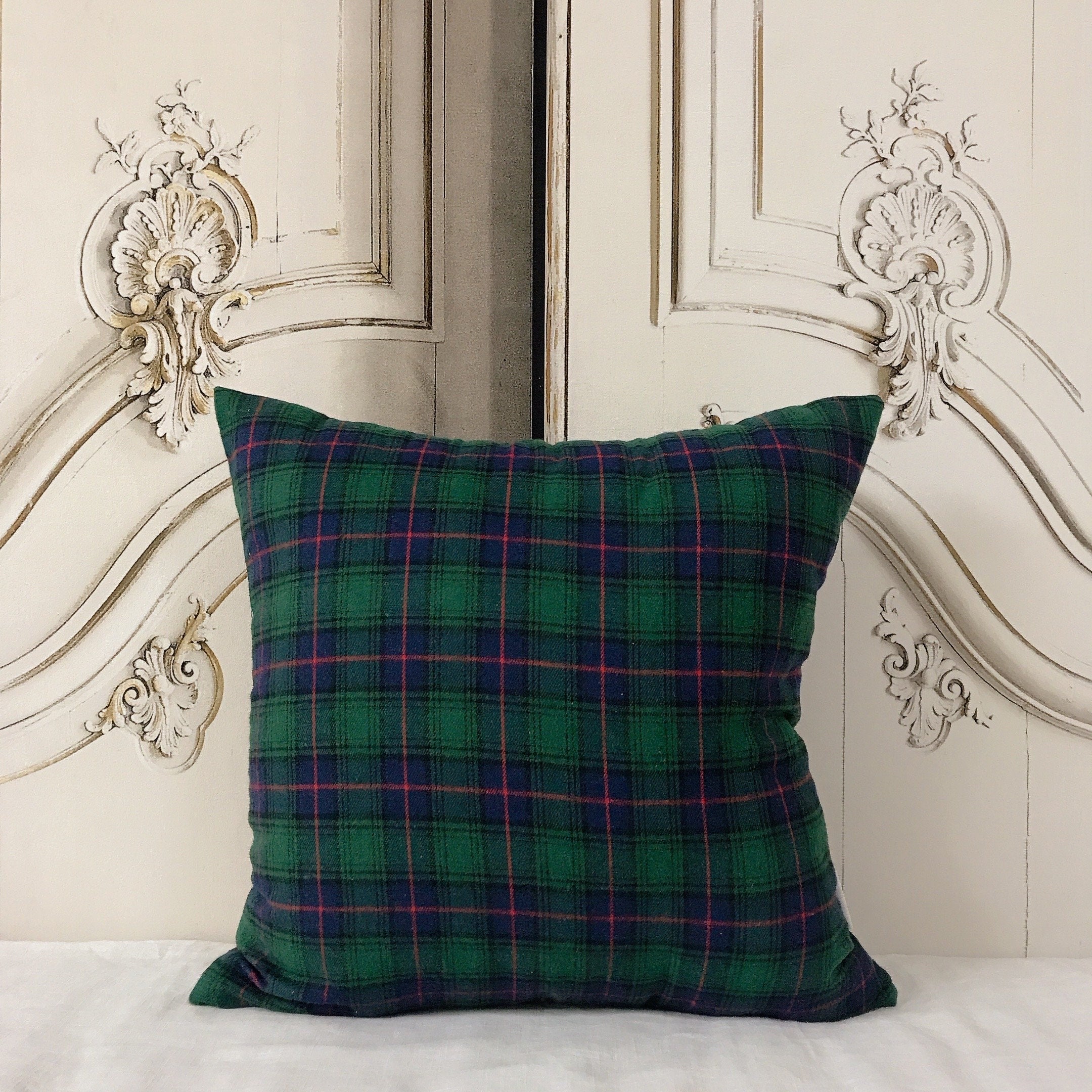 Green and Navy Tartan Plaid Cushion Cover with Red Accent