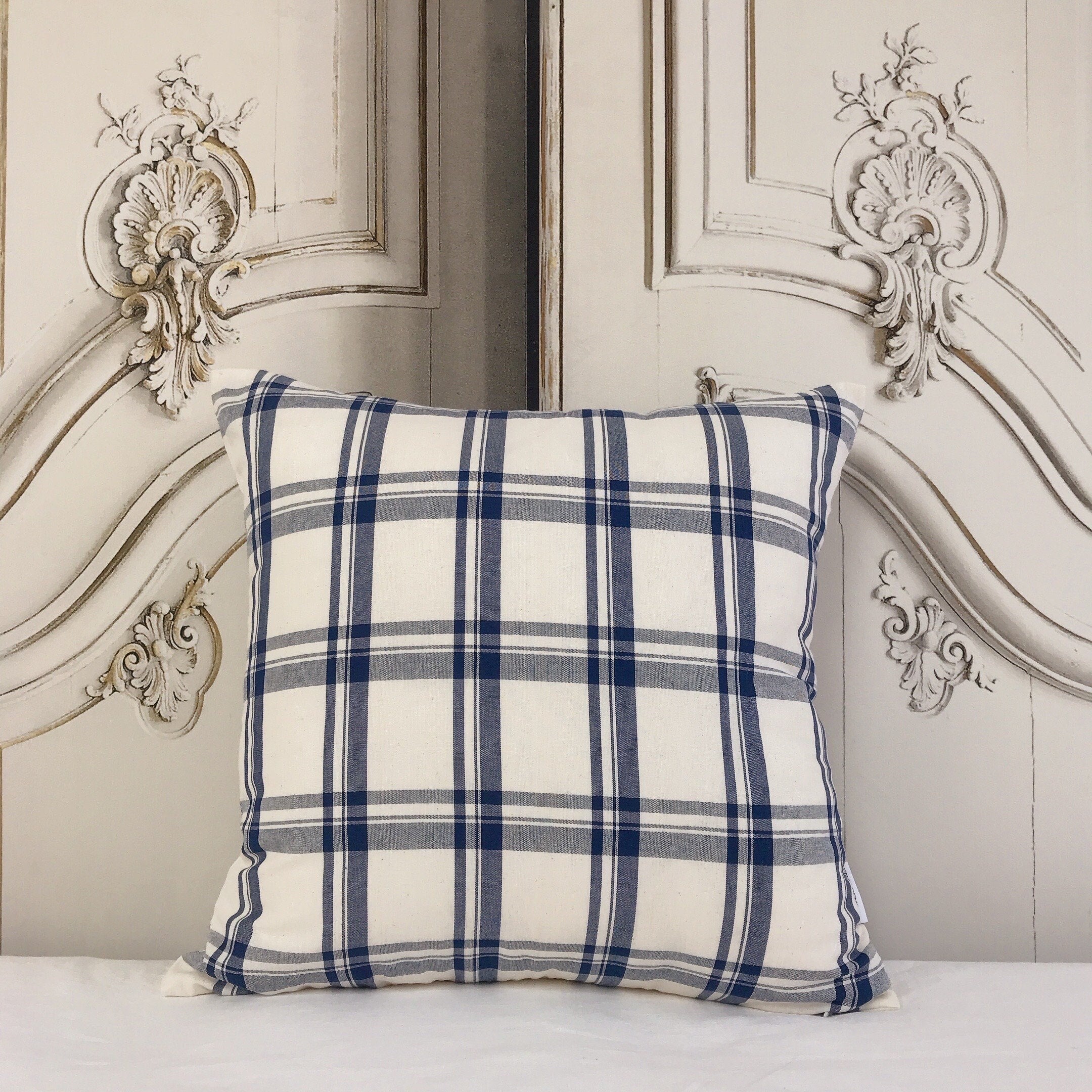 Check Spruce Blue Cushion Cover on Ivory