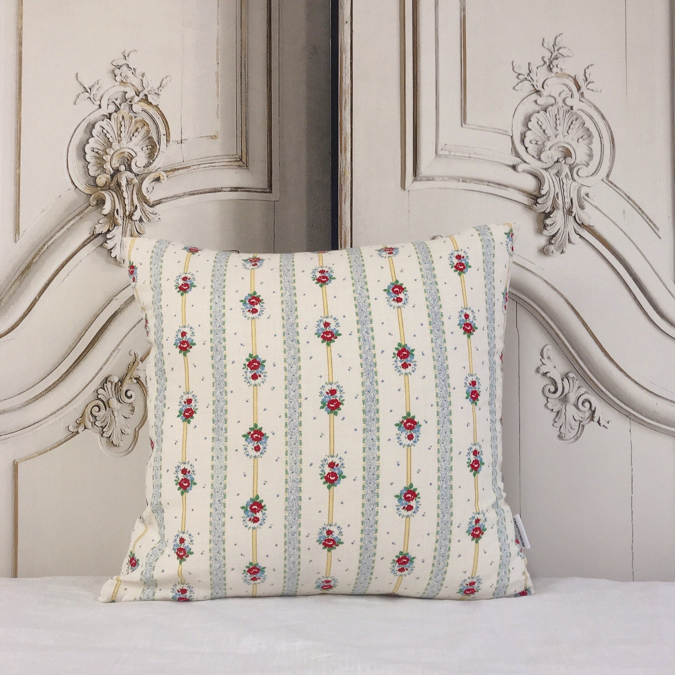 Red Floral Yellow Vertical Stripes Pillow Cover on Light Natural Beige