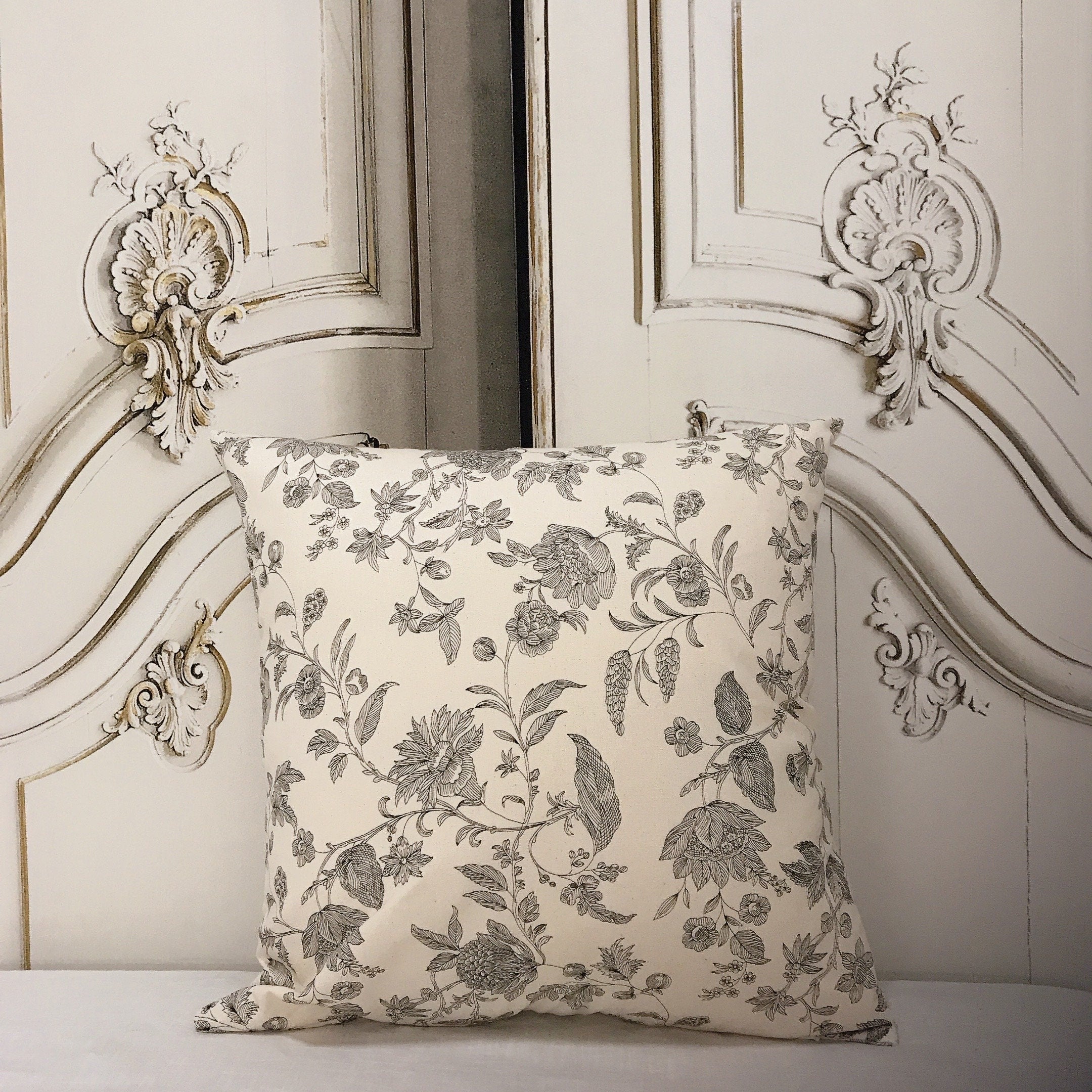 Black Floral Cushion Cover on Natural Beige