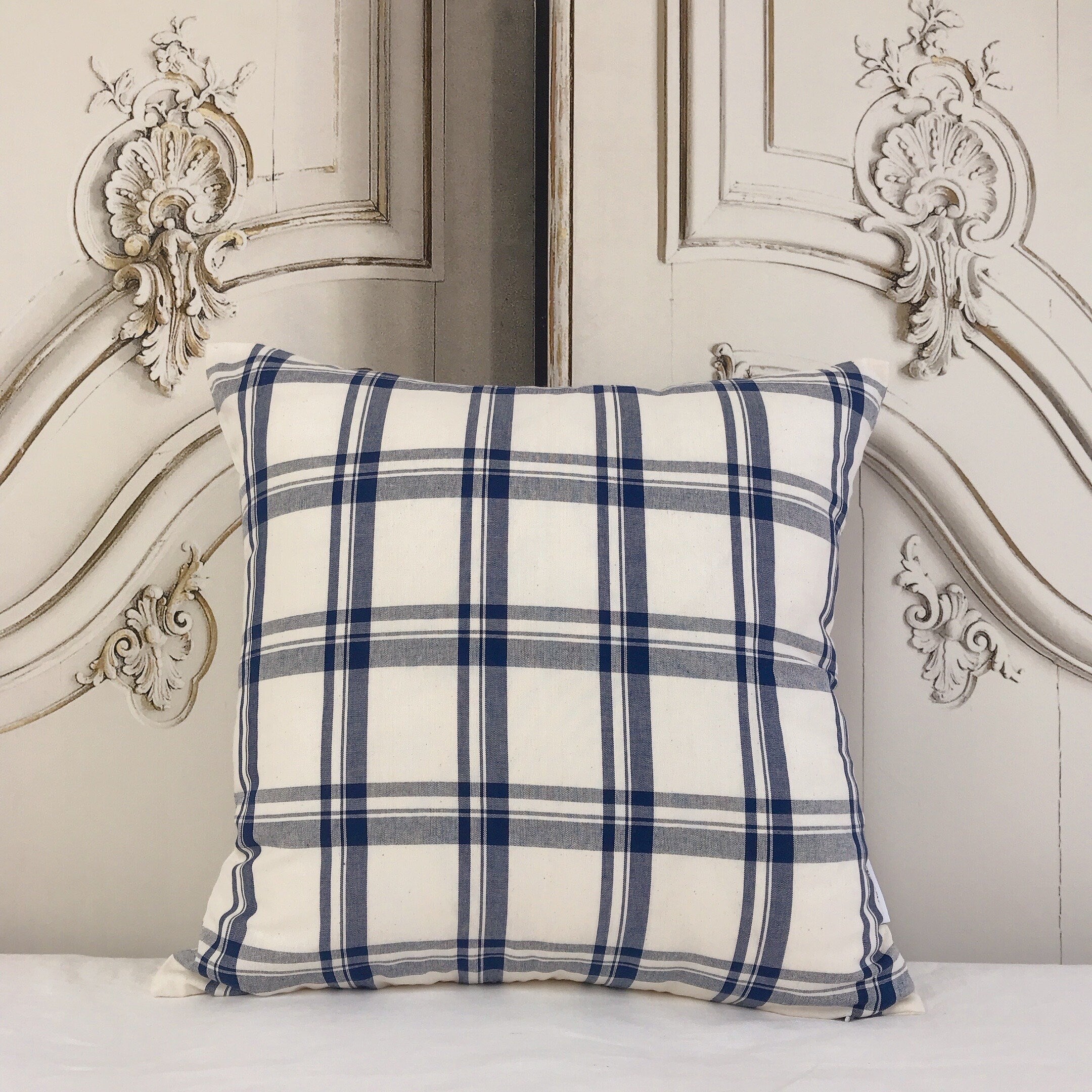 Check Spruce Blue Cushion Cover on Ivory