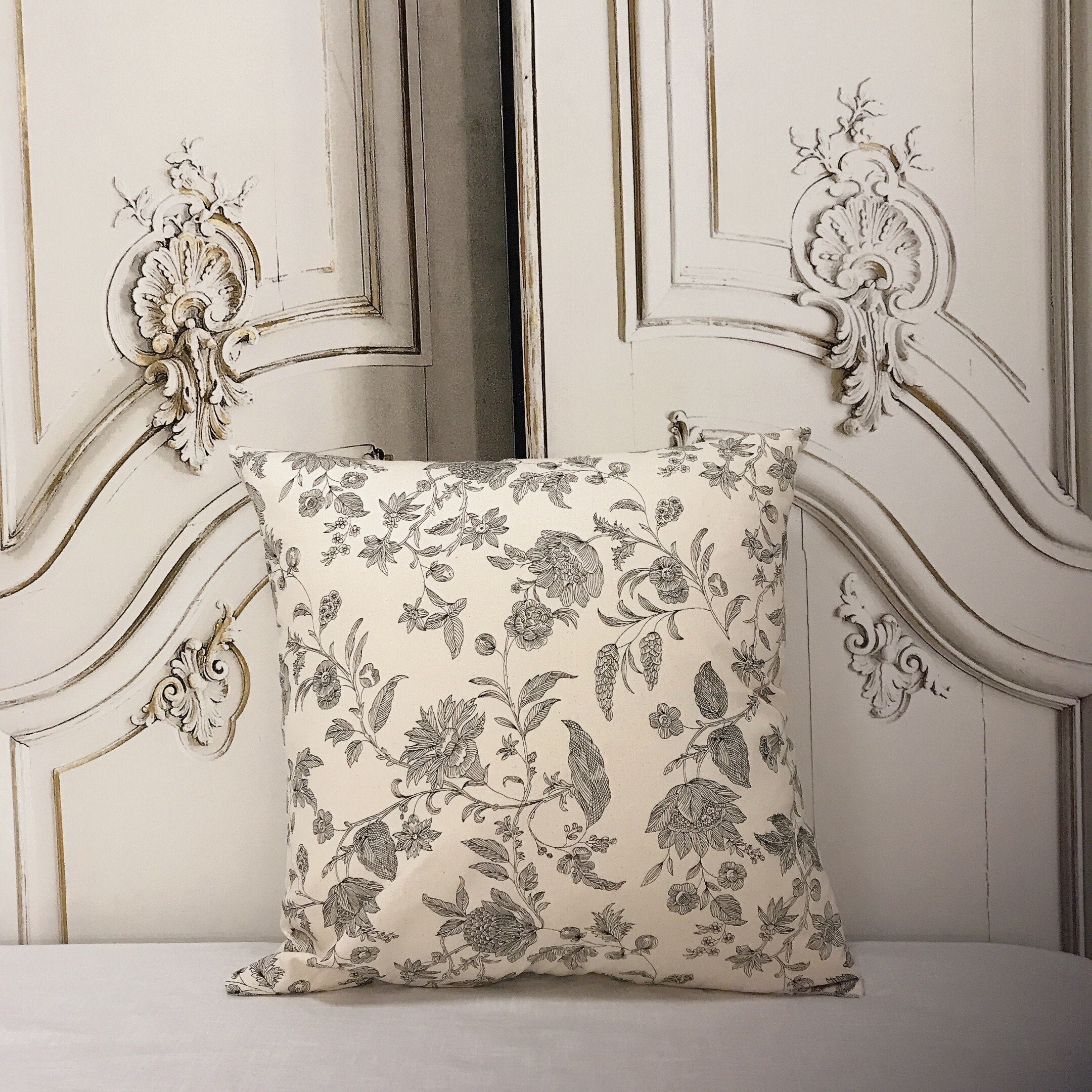 Black Floral Cushion Cover on Natural Beige