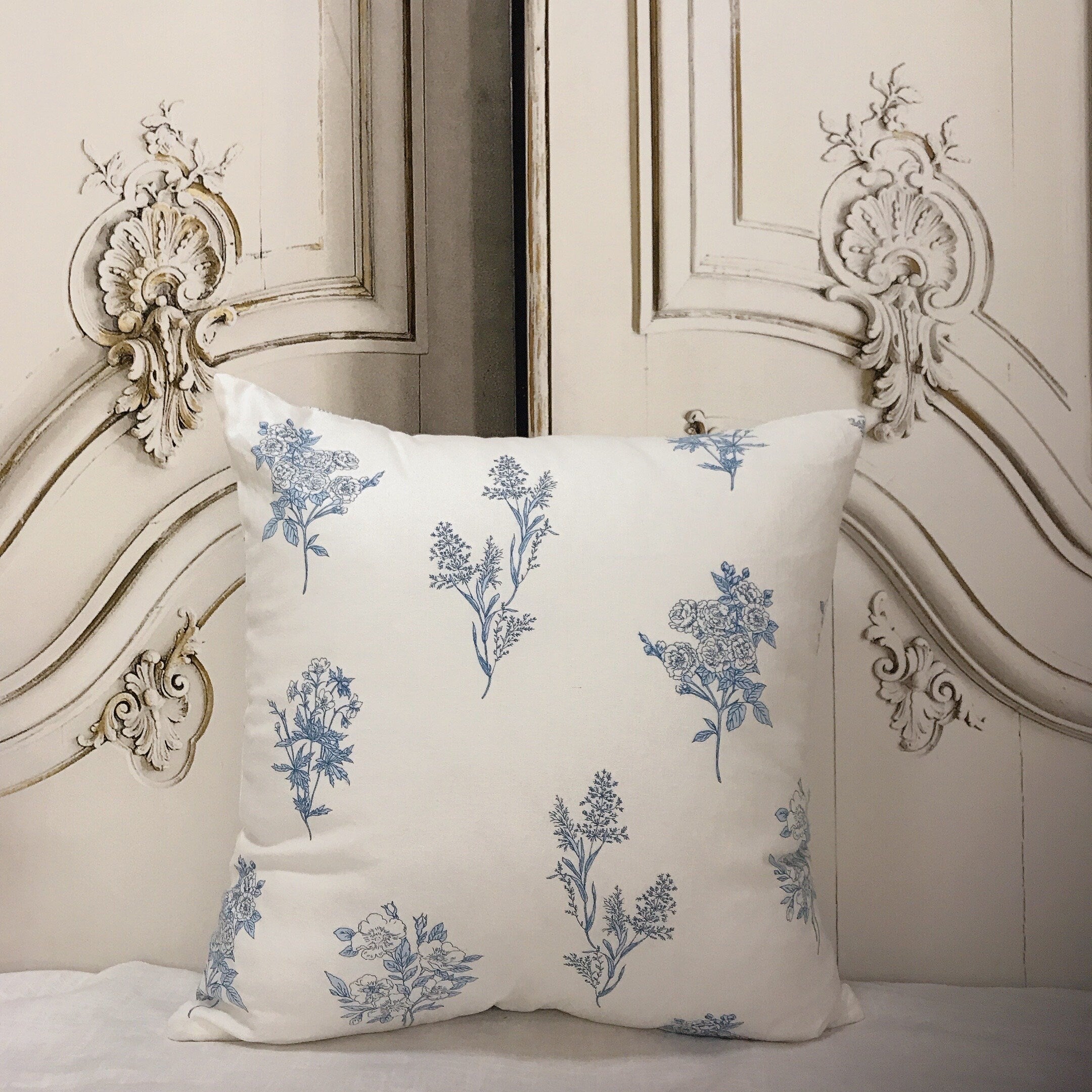 Blue Floral Cushion Cover on Ivory