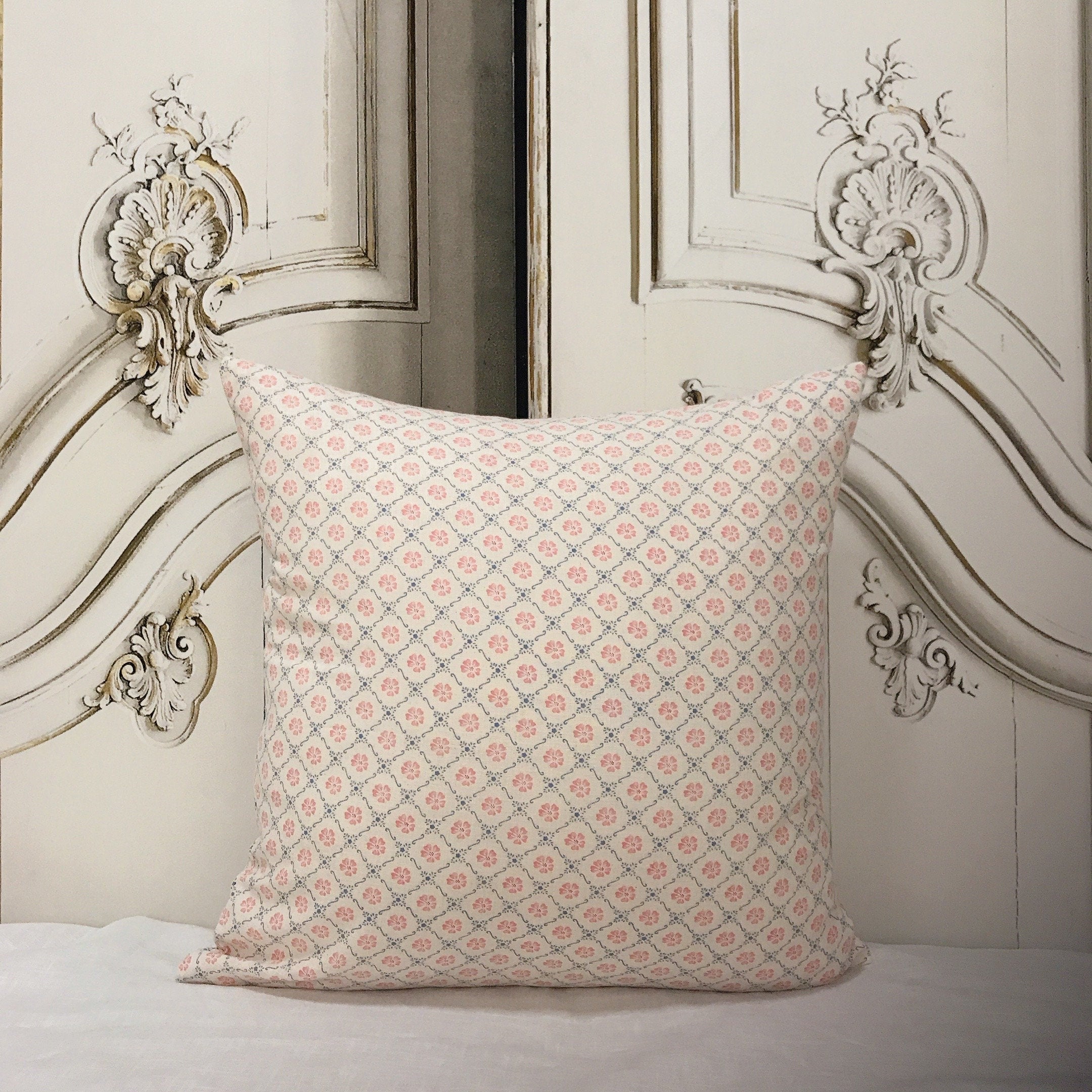 Pink with Navy Blue Floral Cushion Cover on Ivory Beige