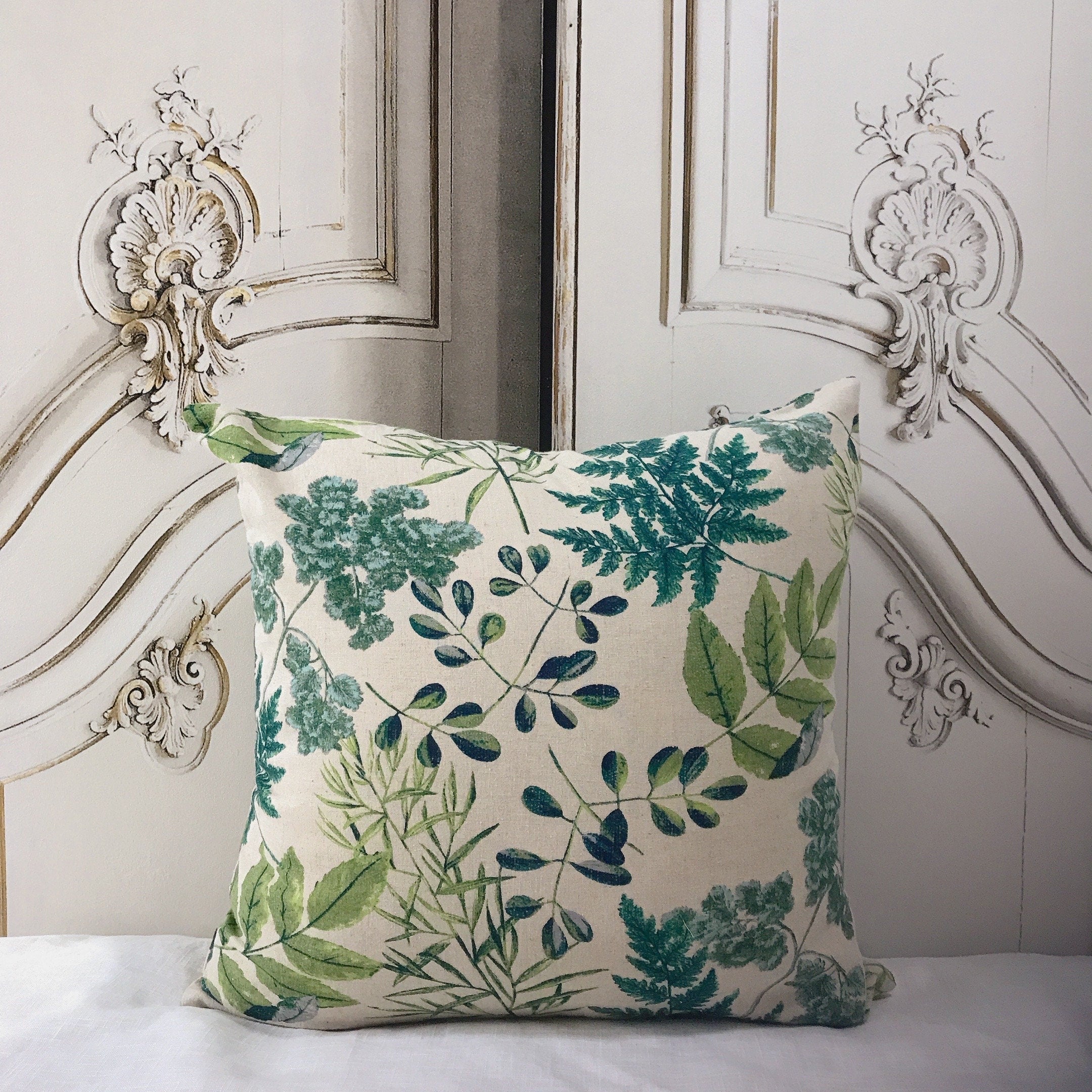 Leafy Green Cushion Cover on Natural Beige