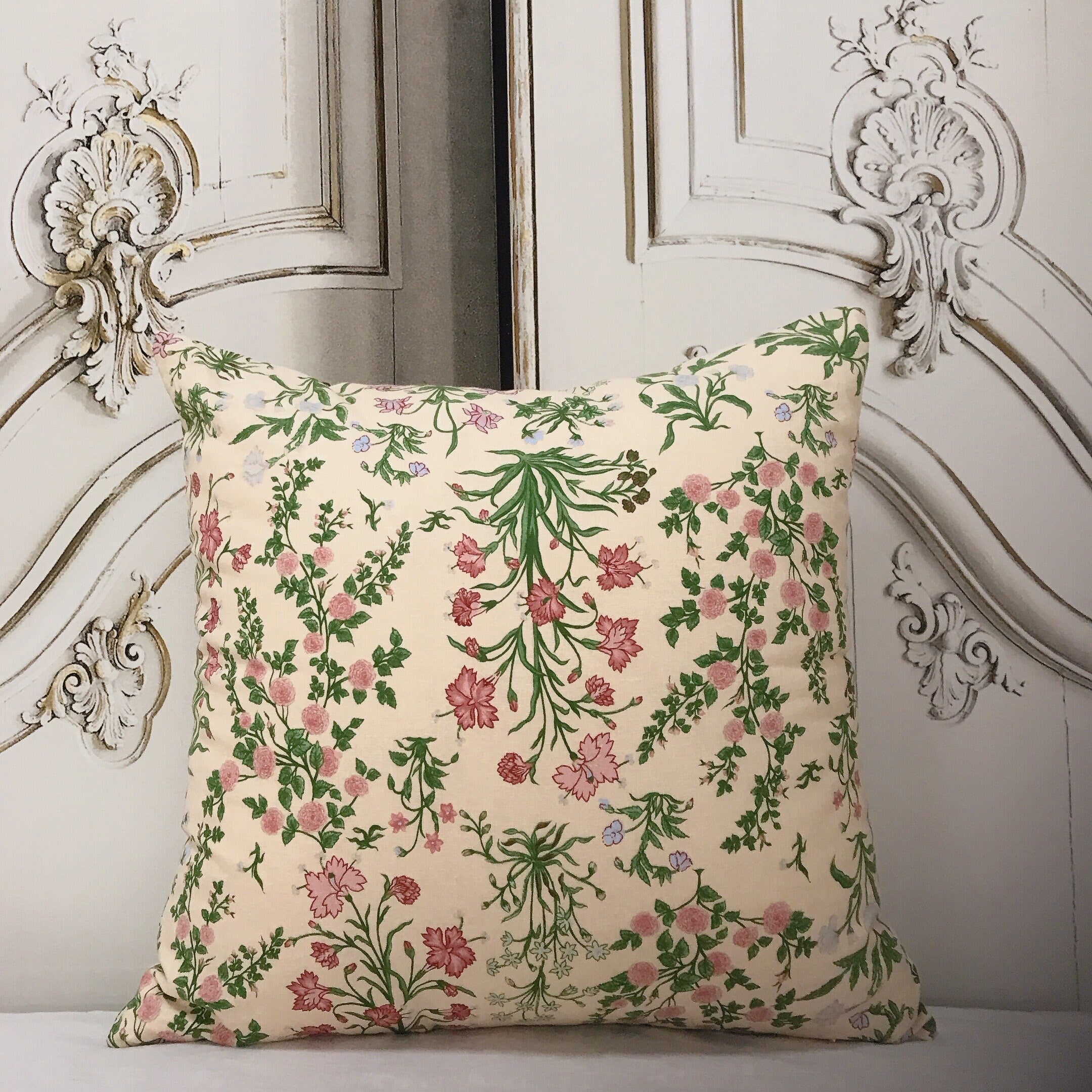 Pink Pale Mint Floral Cushion Cover on Buttercup Beige
