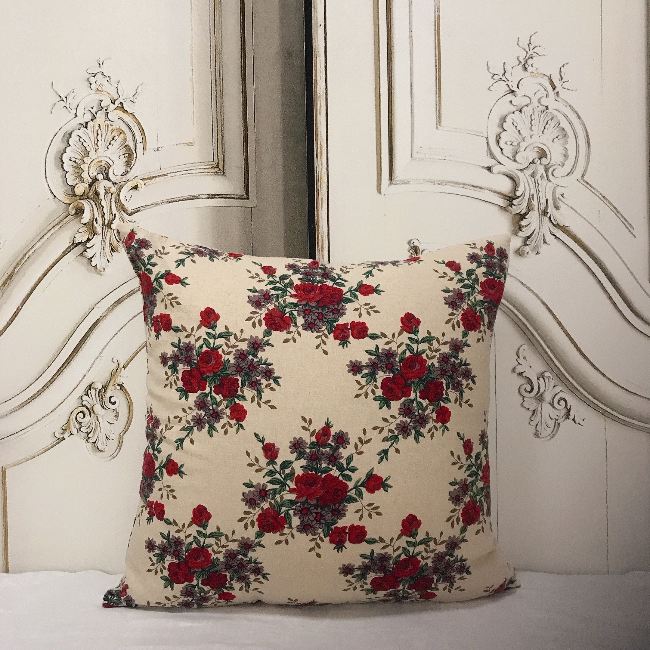 Dark Red Floral Cushion Cover on Natural Beige