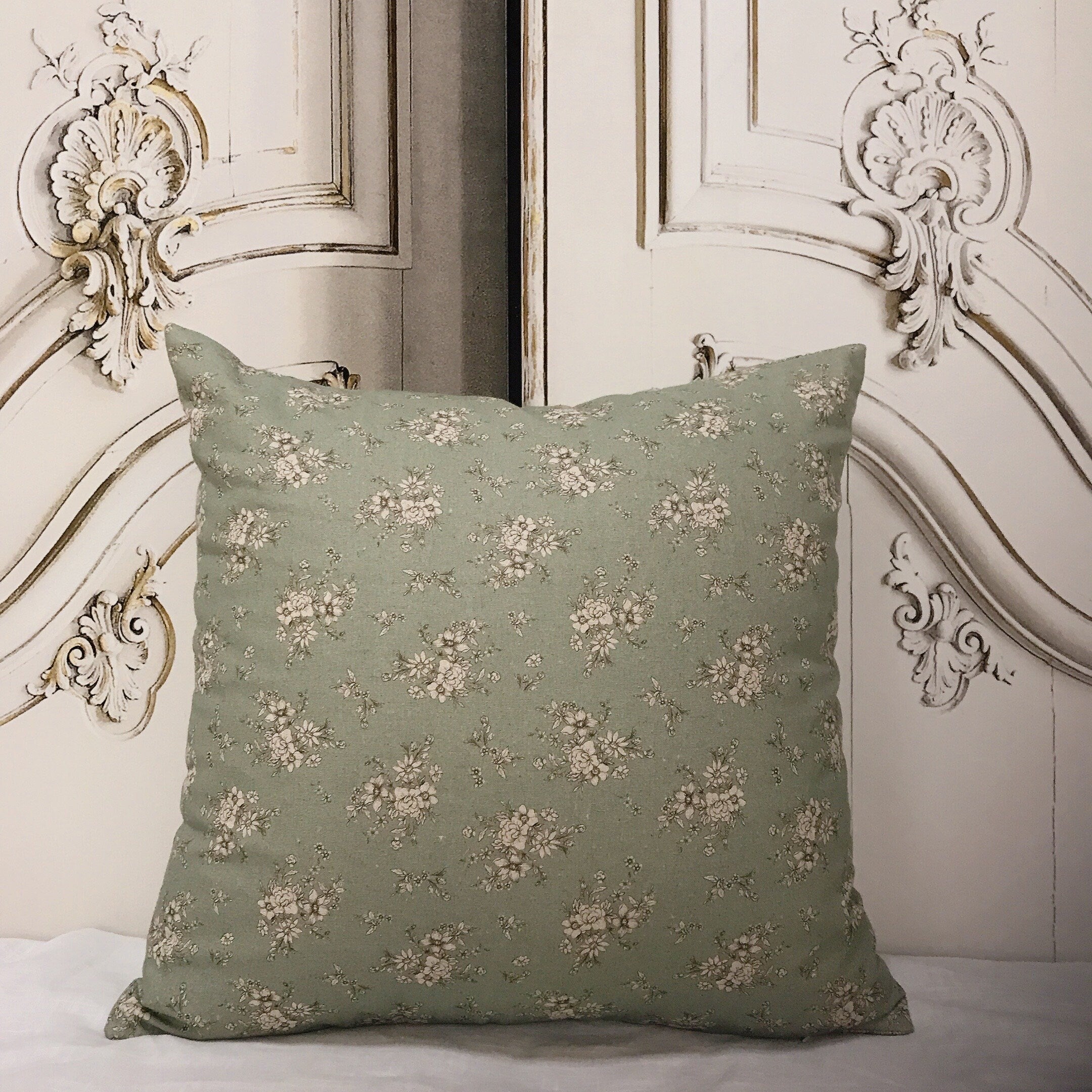 Natural Beige Floral Cushion Cover on Sage Green