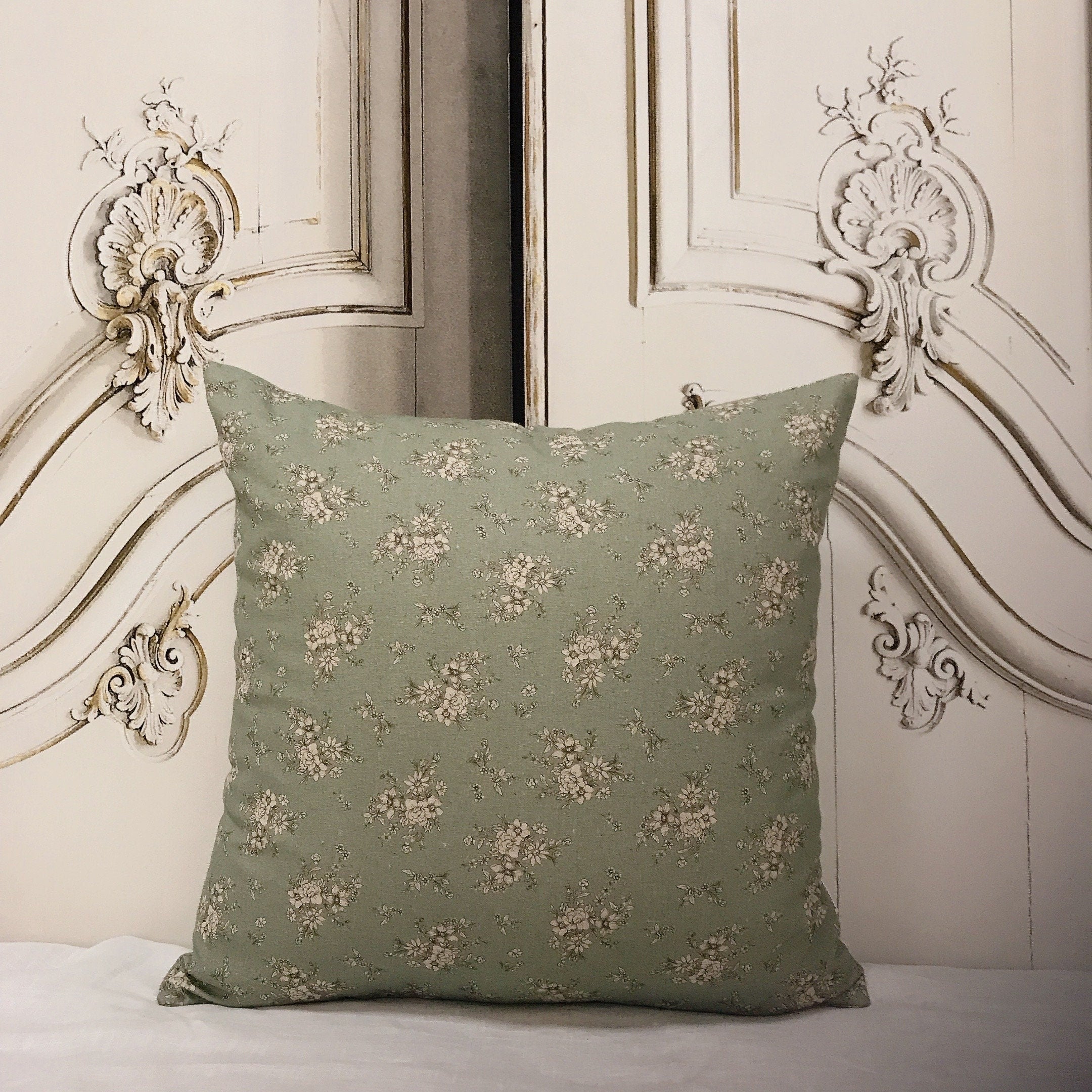 Natural Beige Floral Cushion Cover on Sage Green