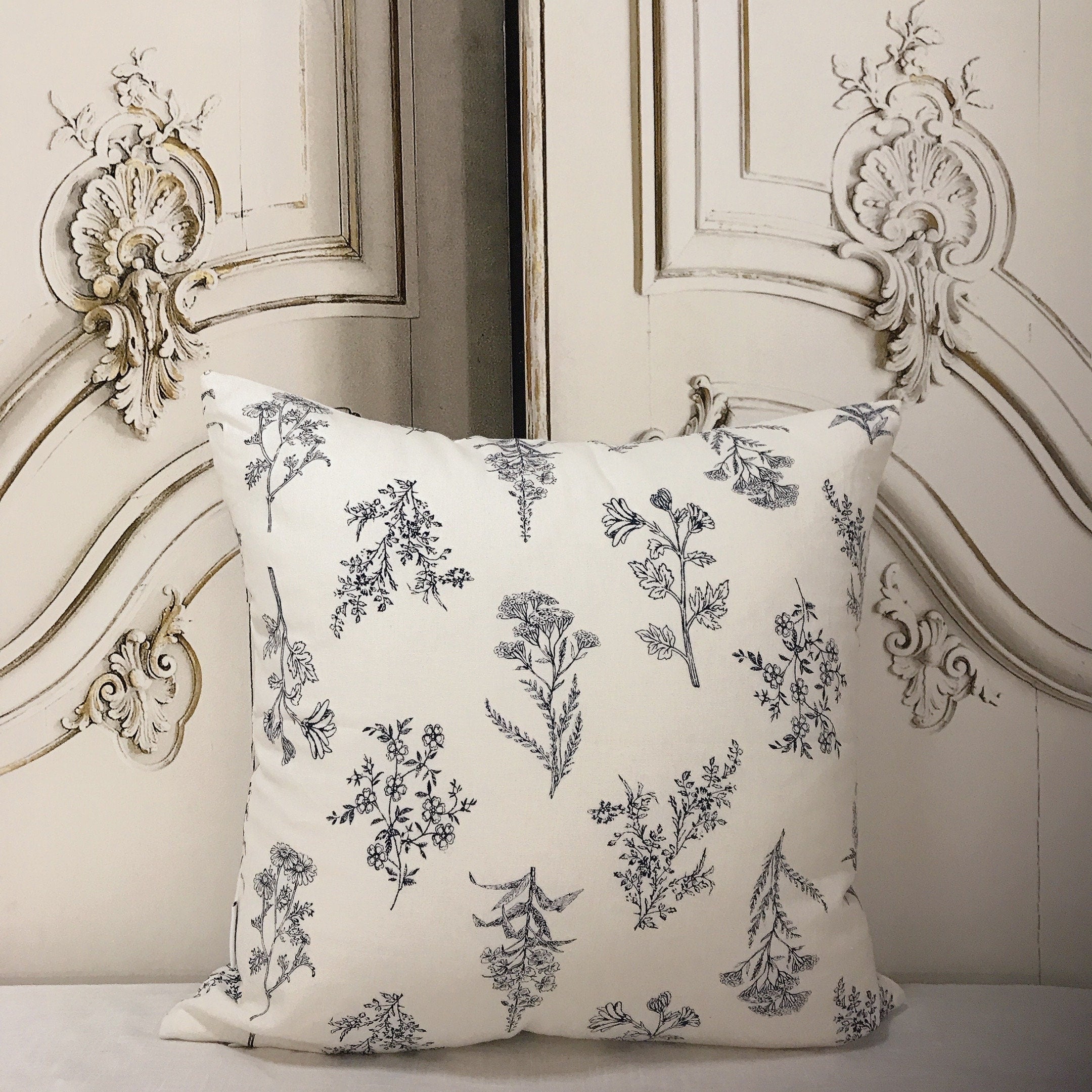 Navy Blue Botanical Cushion Cover on Ivory