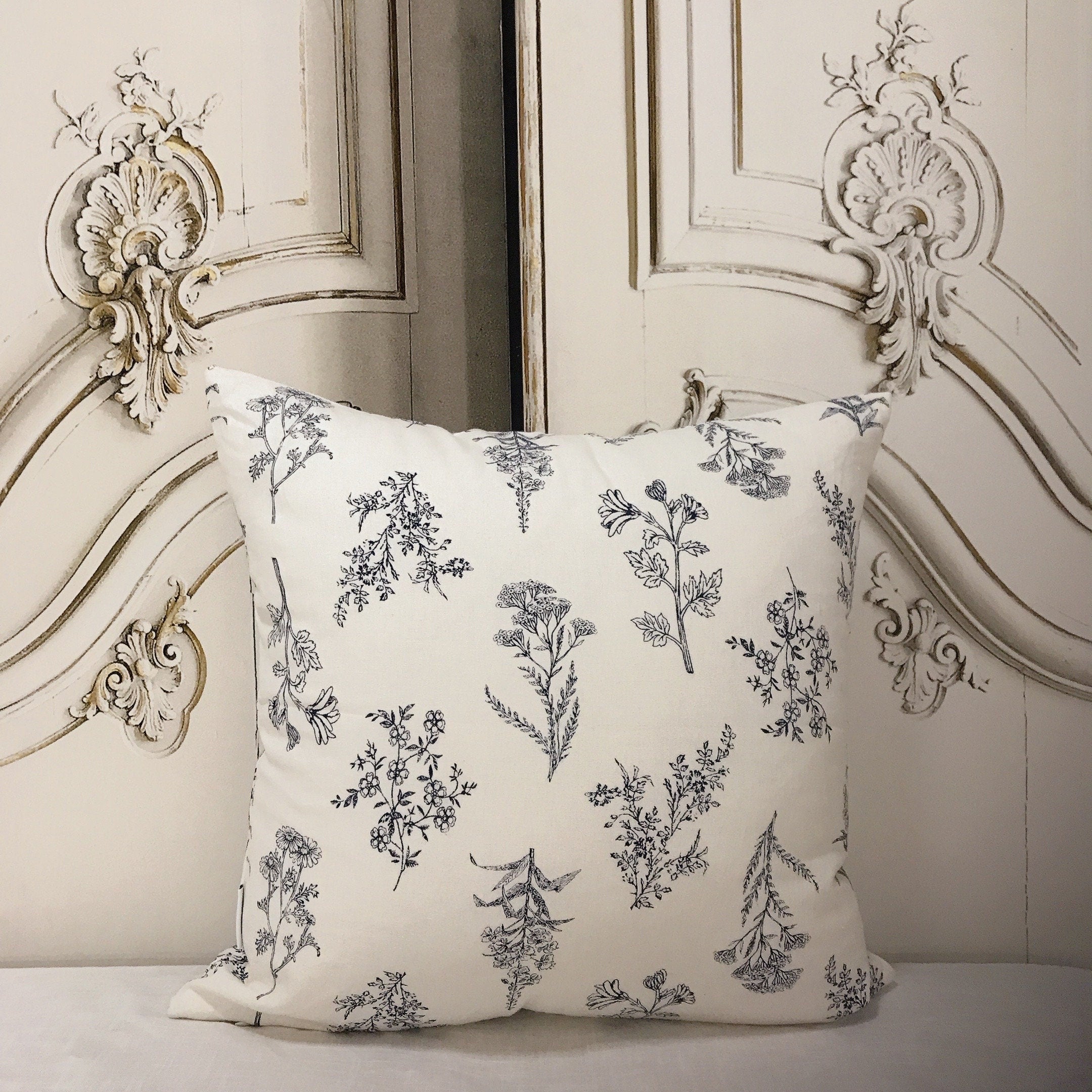 Navy Blue Botanical Cushion Cover on Ivory
