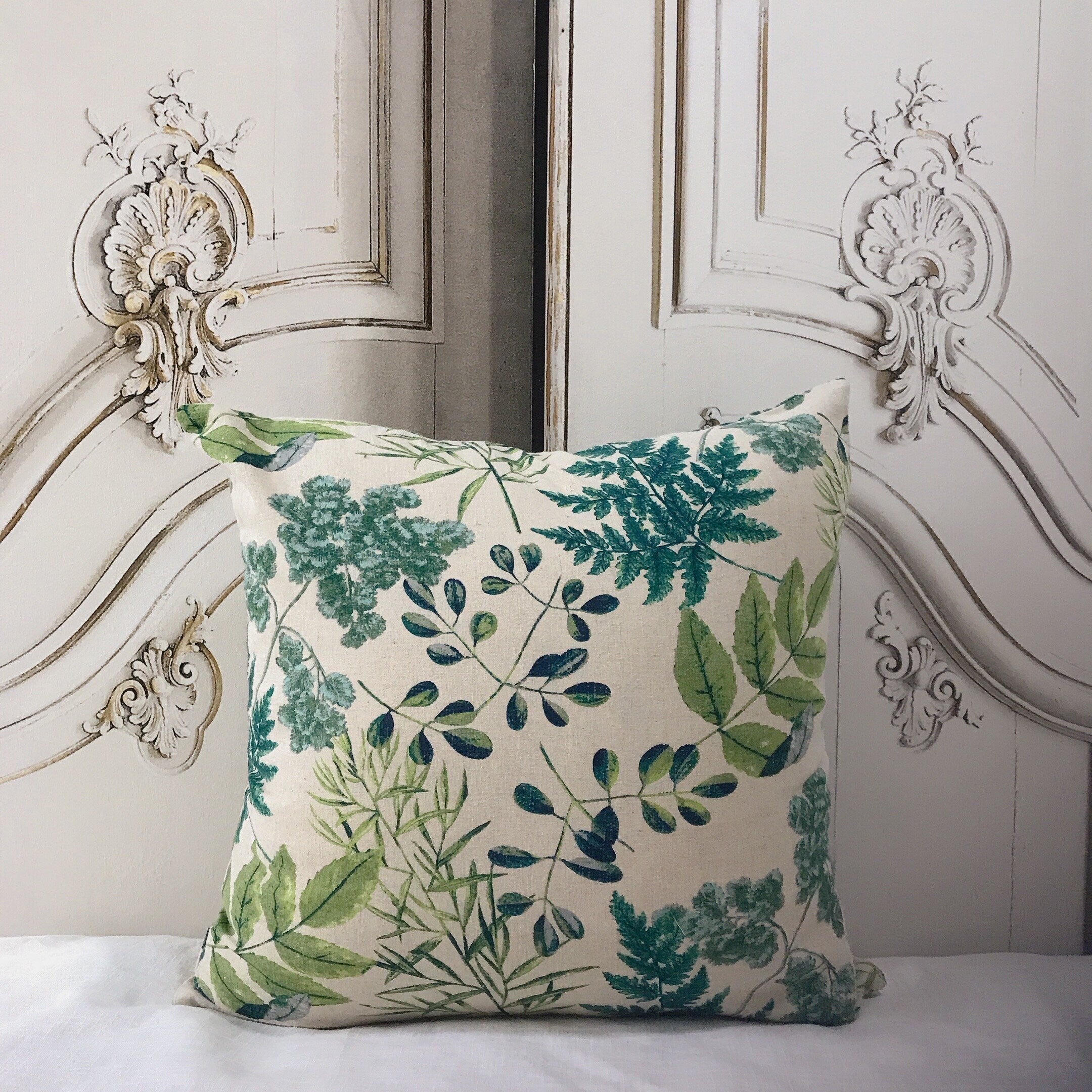 Leafy Green Cushion Cover on Natural Beige