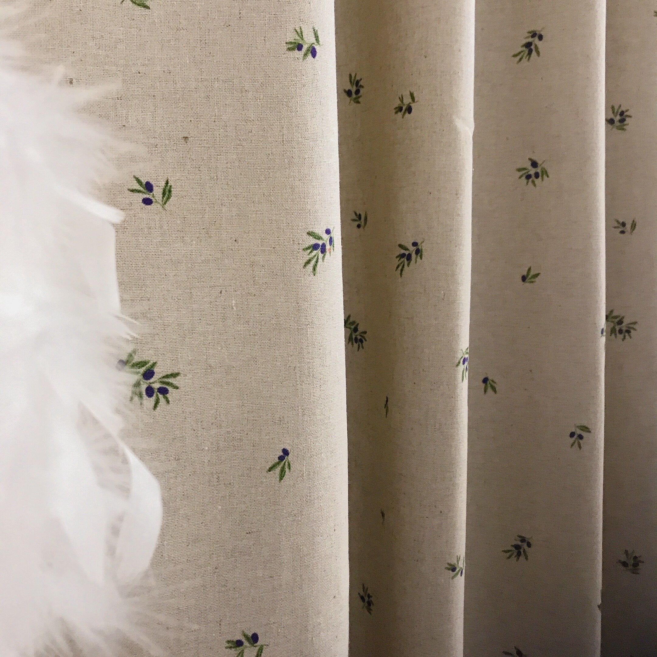 Tiny Blue Berry Pattern Curtain on Natural Beige