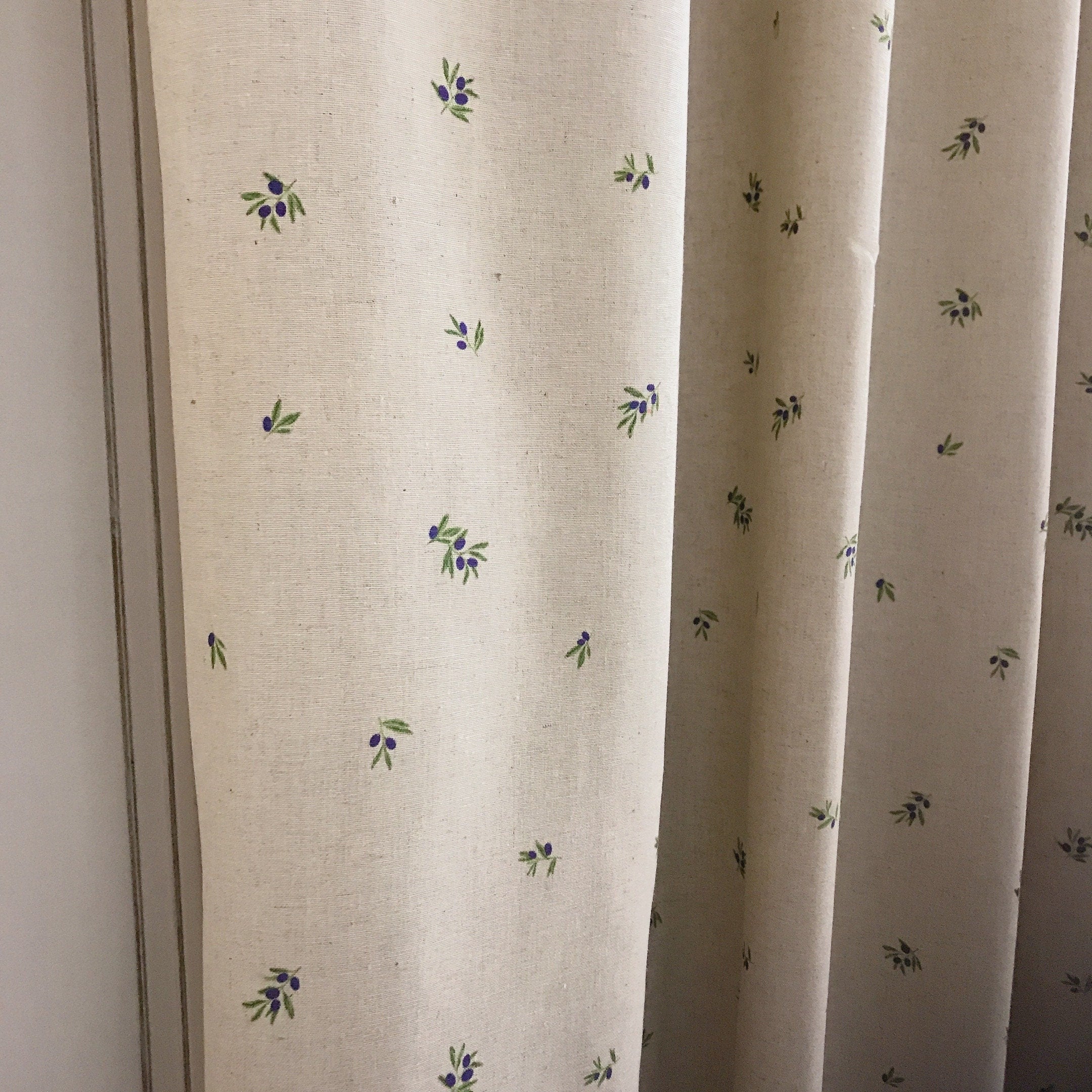 Tiny Blue Berry Pattern Curtain on Natural Beige