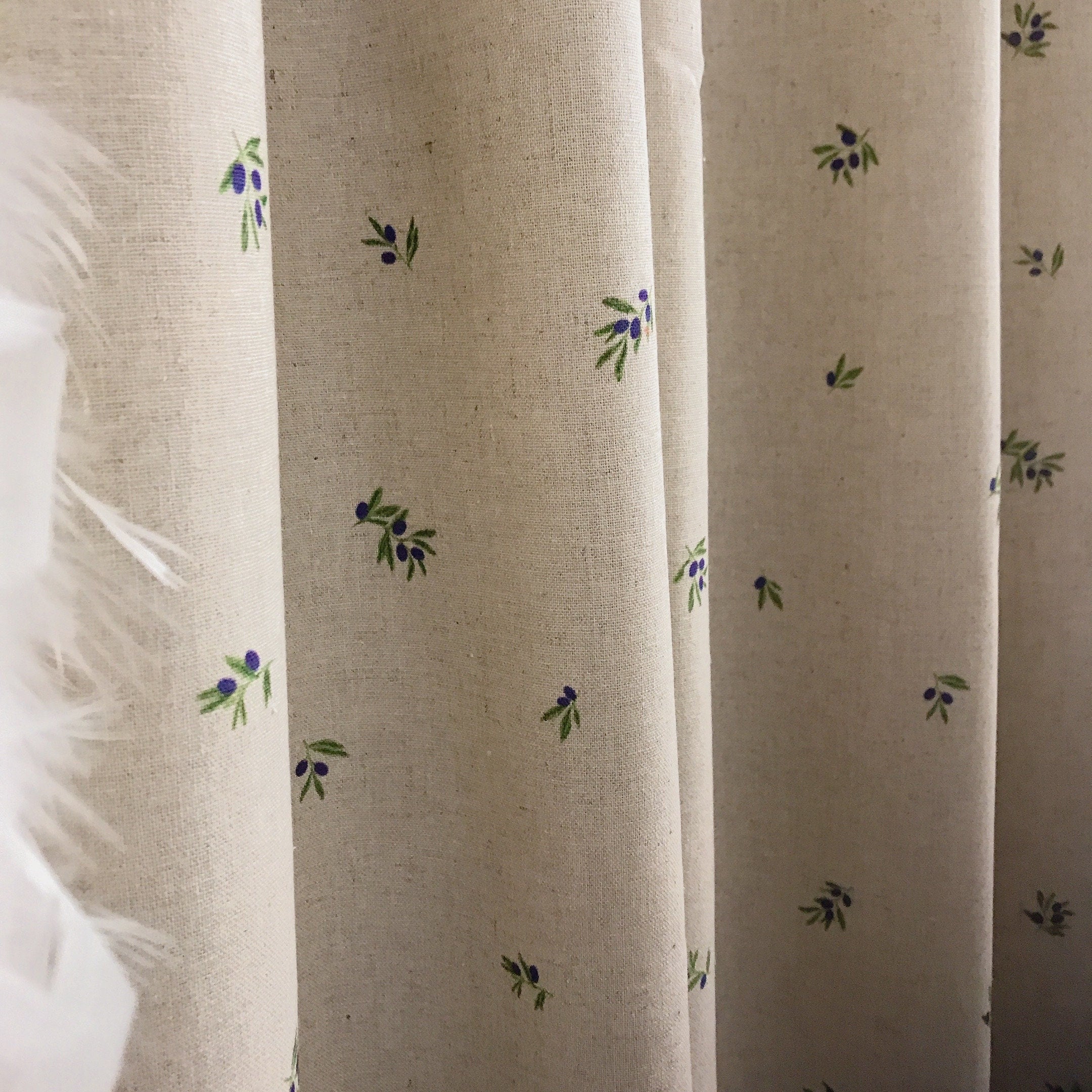 Tiny Blue Berry Pattern Curtain on Natural Beige