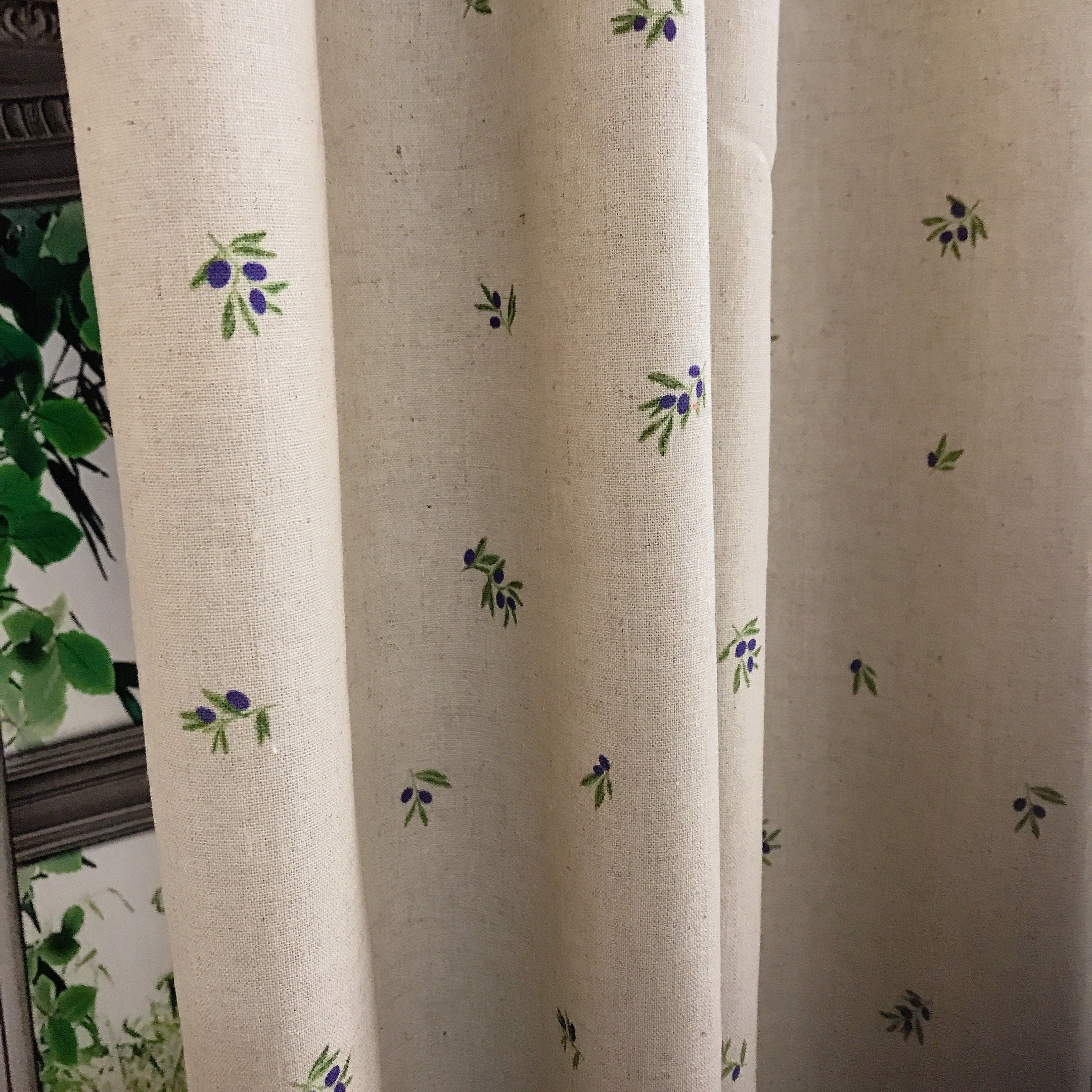 Tiny Blue Berry Pattern Curtain on Natural Beige