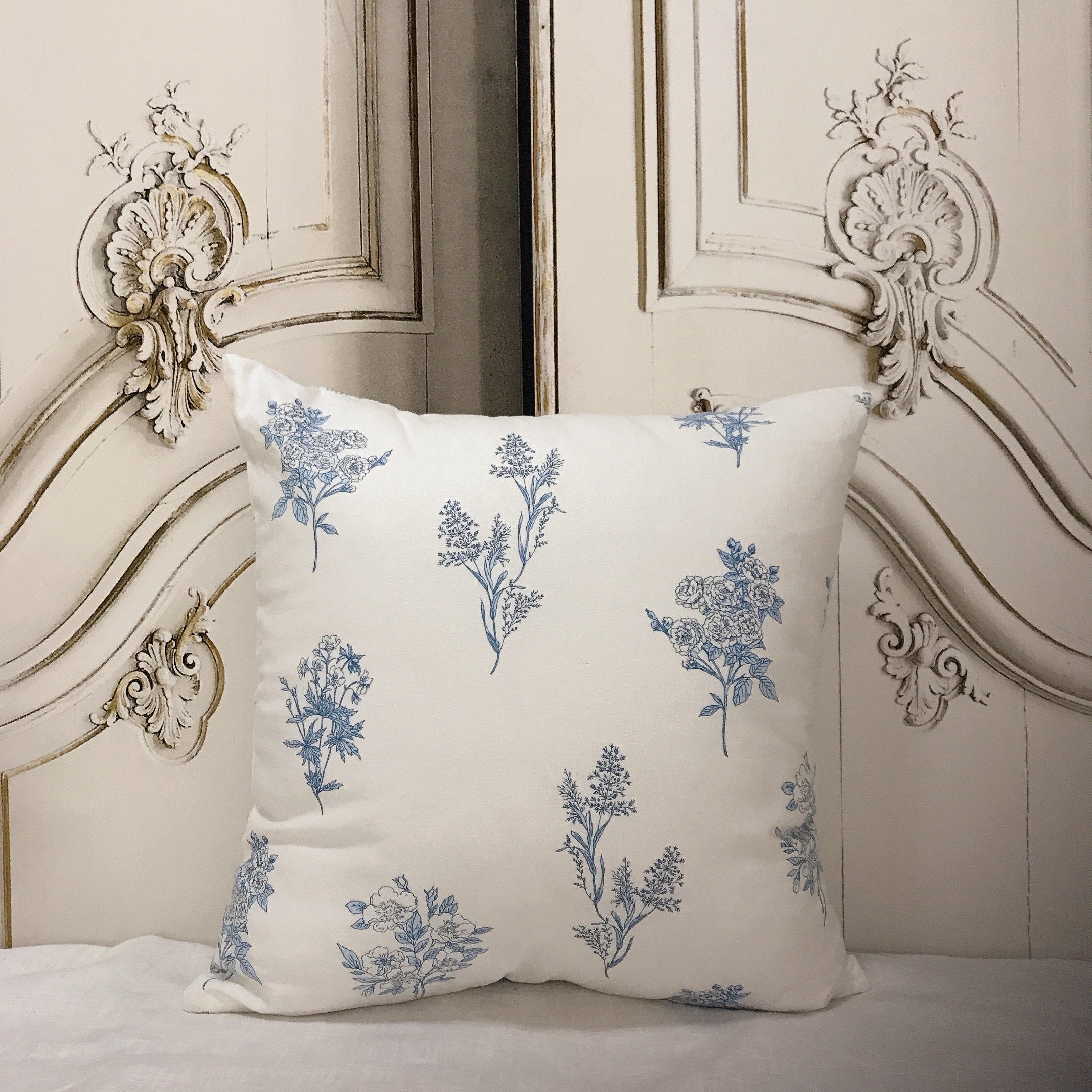 Blue Floral Cushion Cover on Ivory