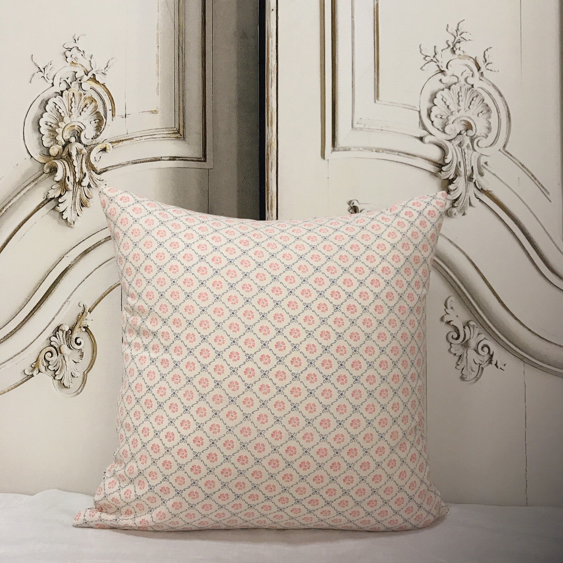 Pink with Navy Blue Floral Cushion Cover on Ivory Beige